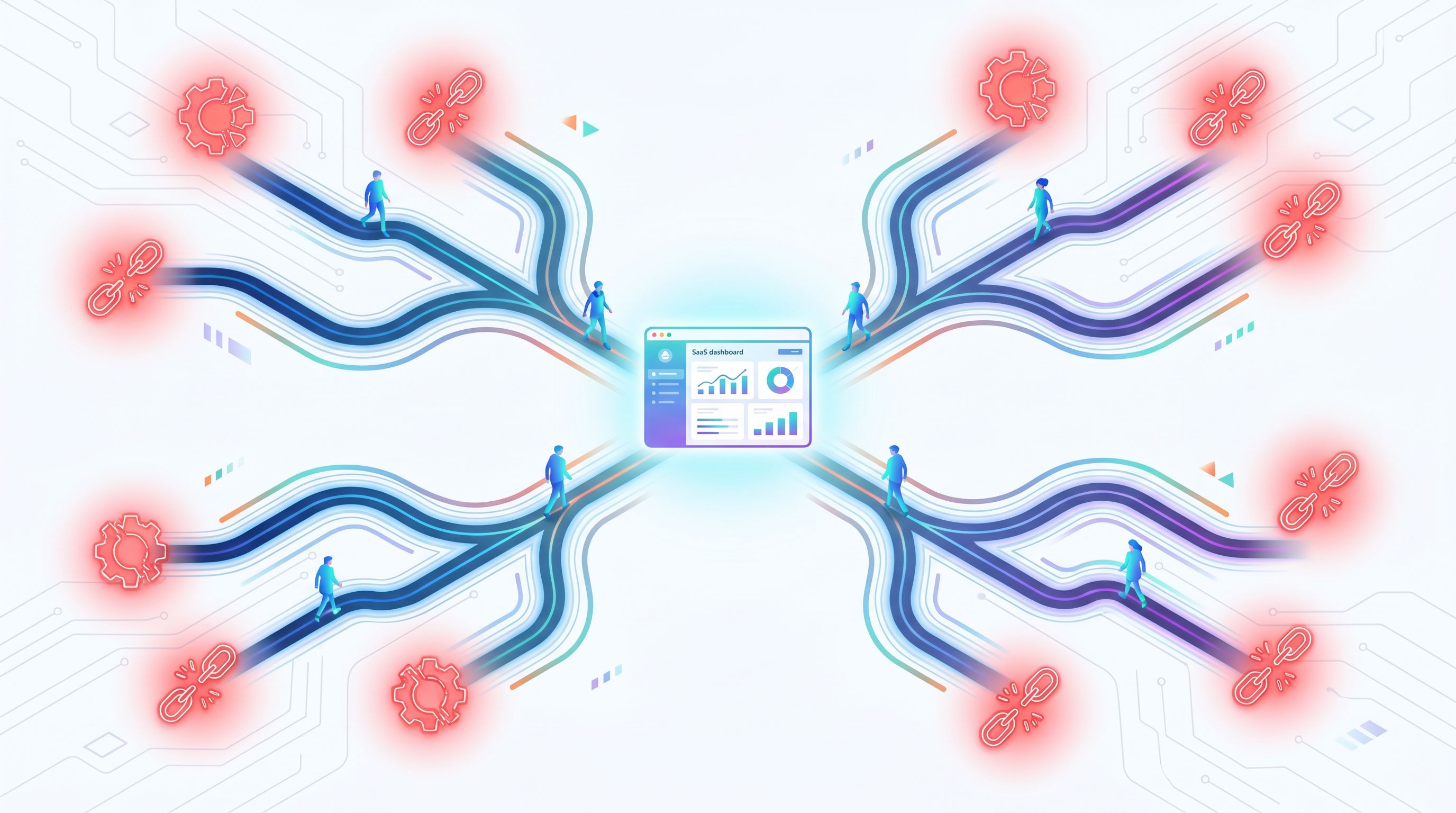 Overhead view of a branching map of pathways made of glowing lines, each starting from red “pain poi