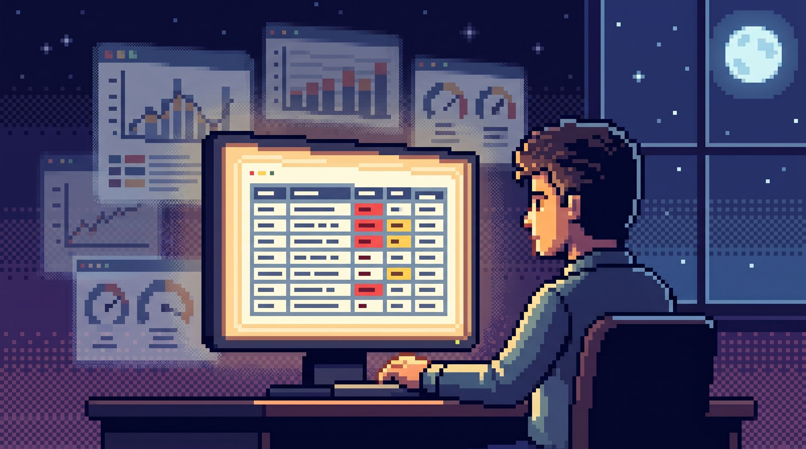 A calm, focused engineer at night, sitting in front of a single large monitor that shows a clean tab