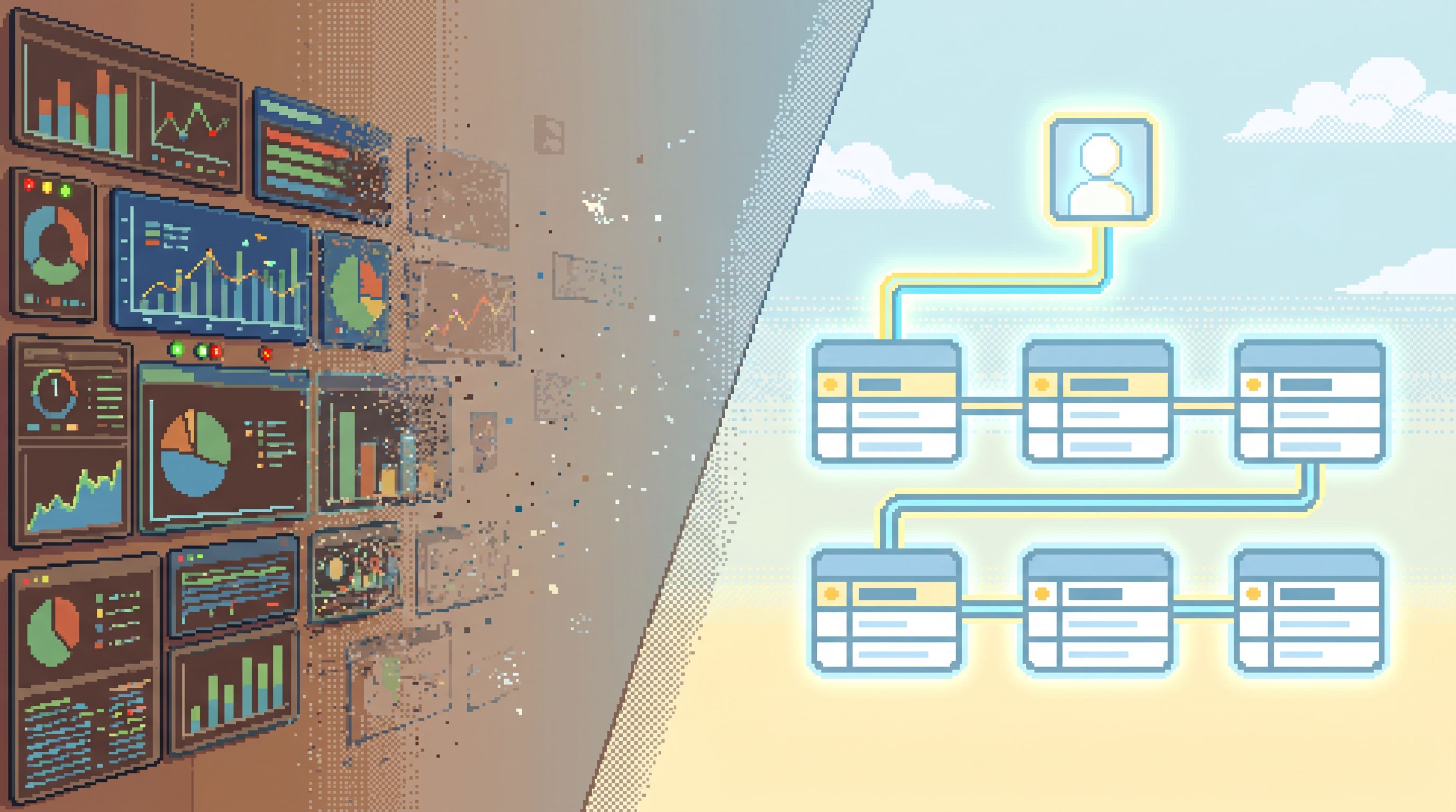 A split-screen visualization showing on the left a cluttered wall of colorful dashboards and charts