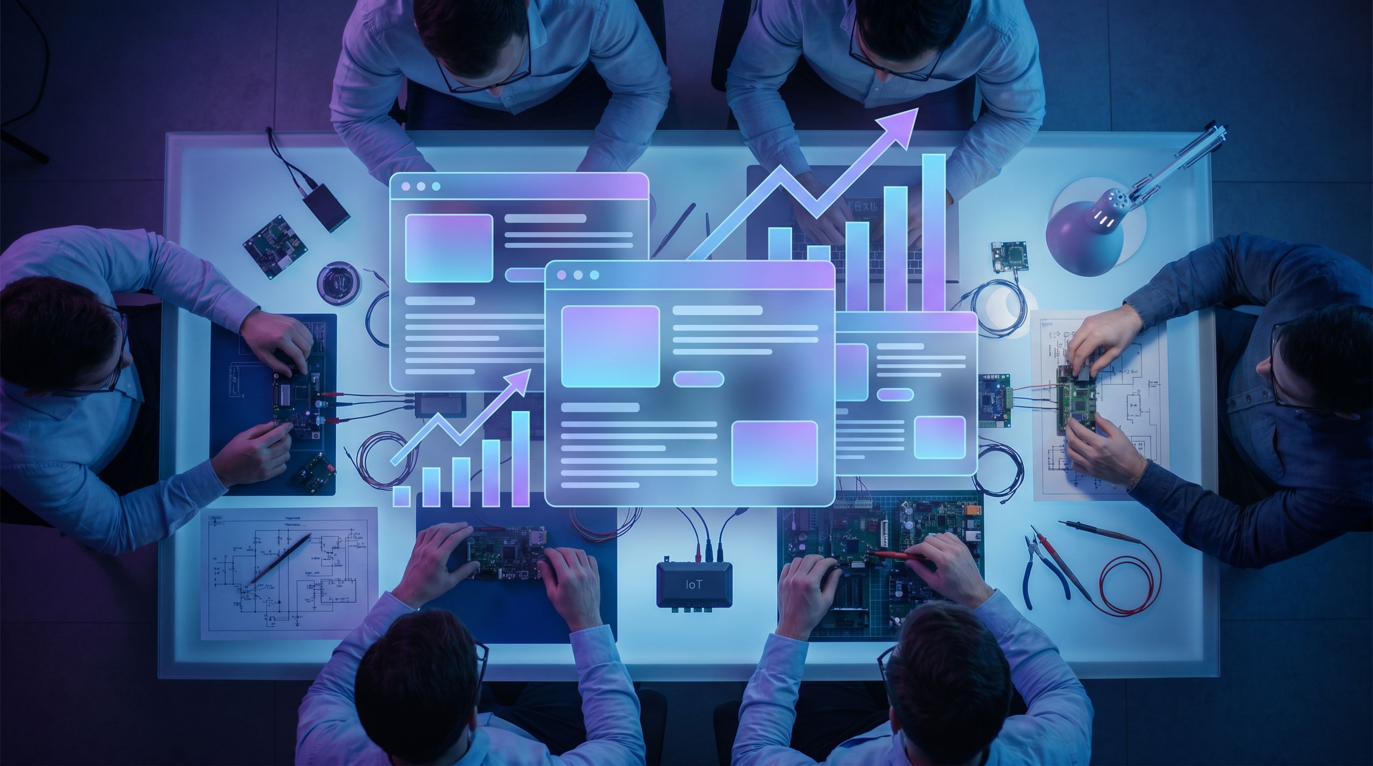 Overhead shot of an engineering team in a lab surrounded by circuit boards, IoT gateways, and wiring