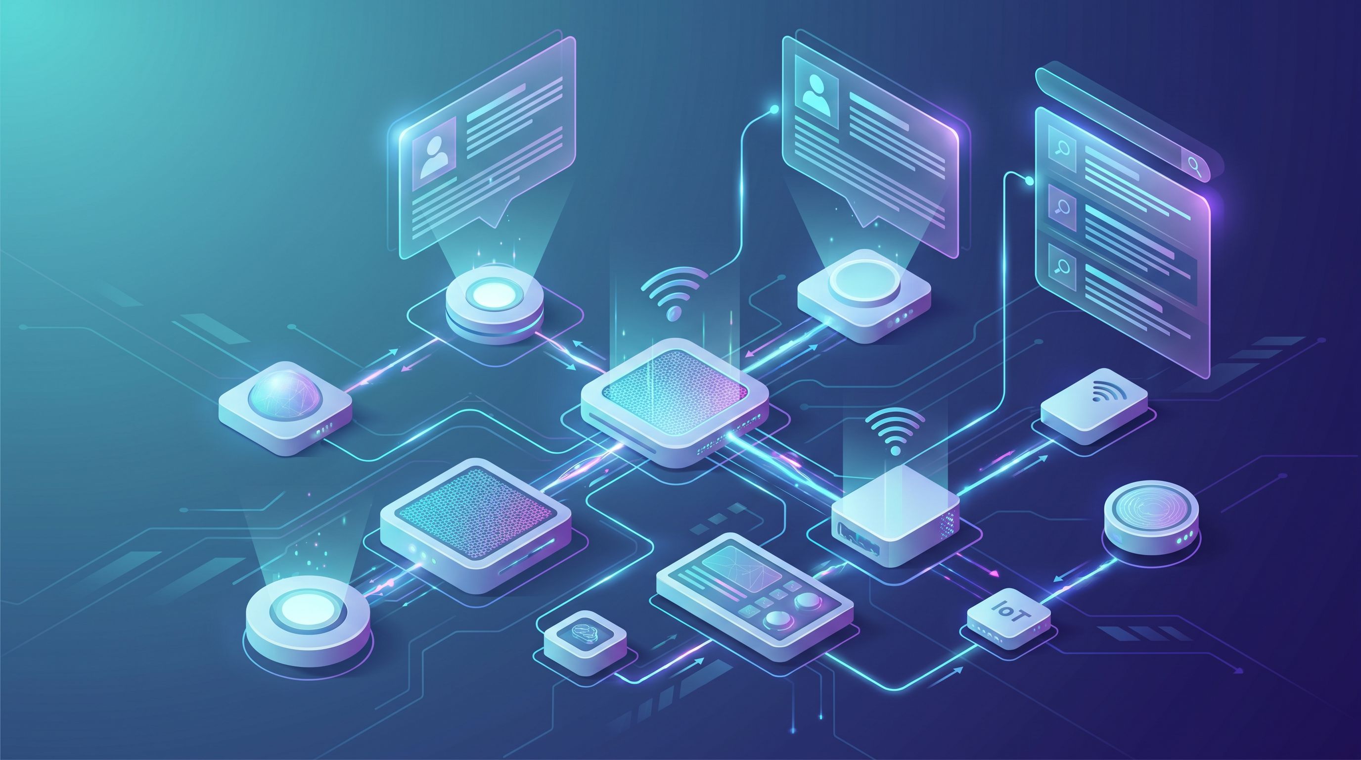 Isometric illustration of interconnected IoT devices (sensors, gateways, control panels) overlaid wi