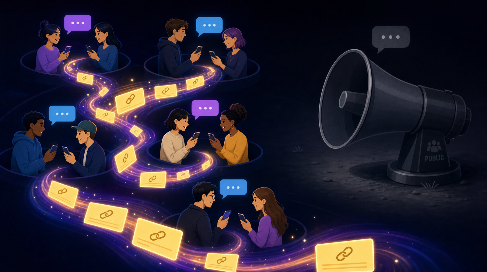 An invisible river of glowing link cards flowing through a network of private message bubbles between people, bypassing a giant ignored public megaphone off to the side.