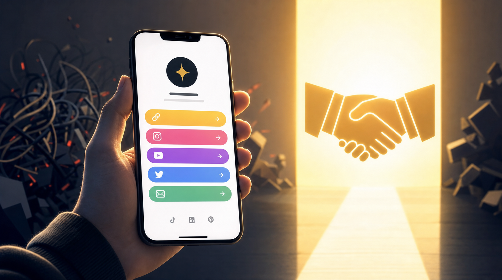 A stranger holding a phone showing one clean minimalist link-in-bio page for the first time, with a warm confident handshake symbol beside the screen, meeting the page cold with no caption or context.
