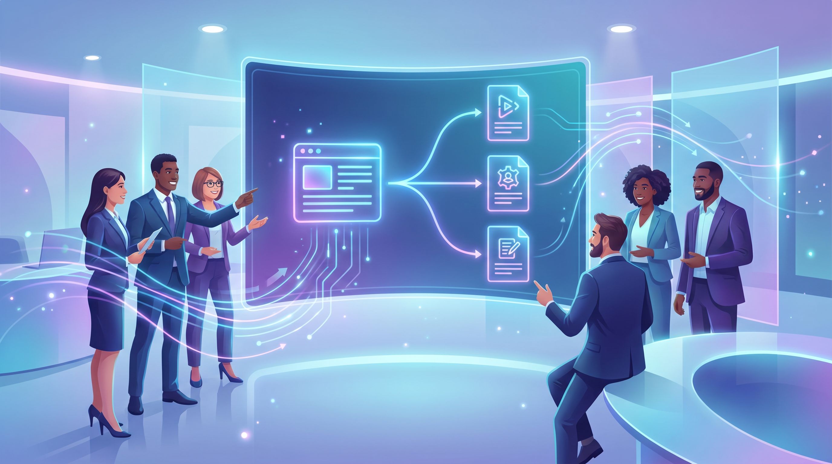 a sales and customer success team gathered around a large screen showing a blog post splitting into