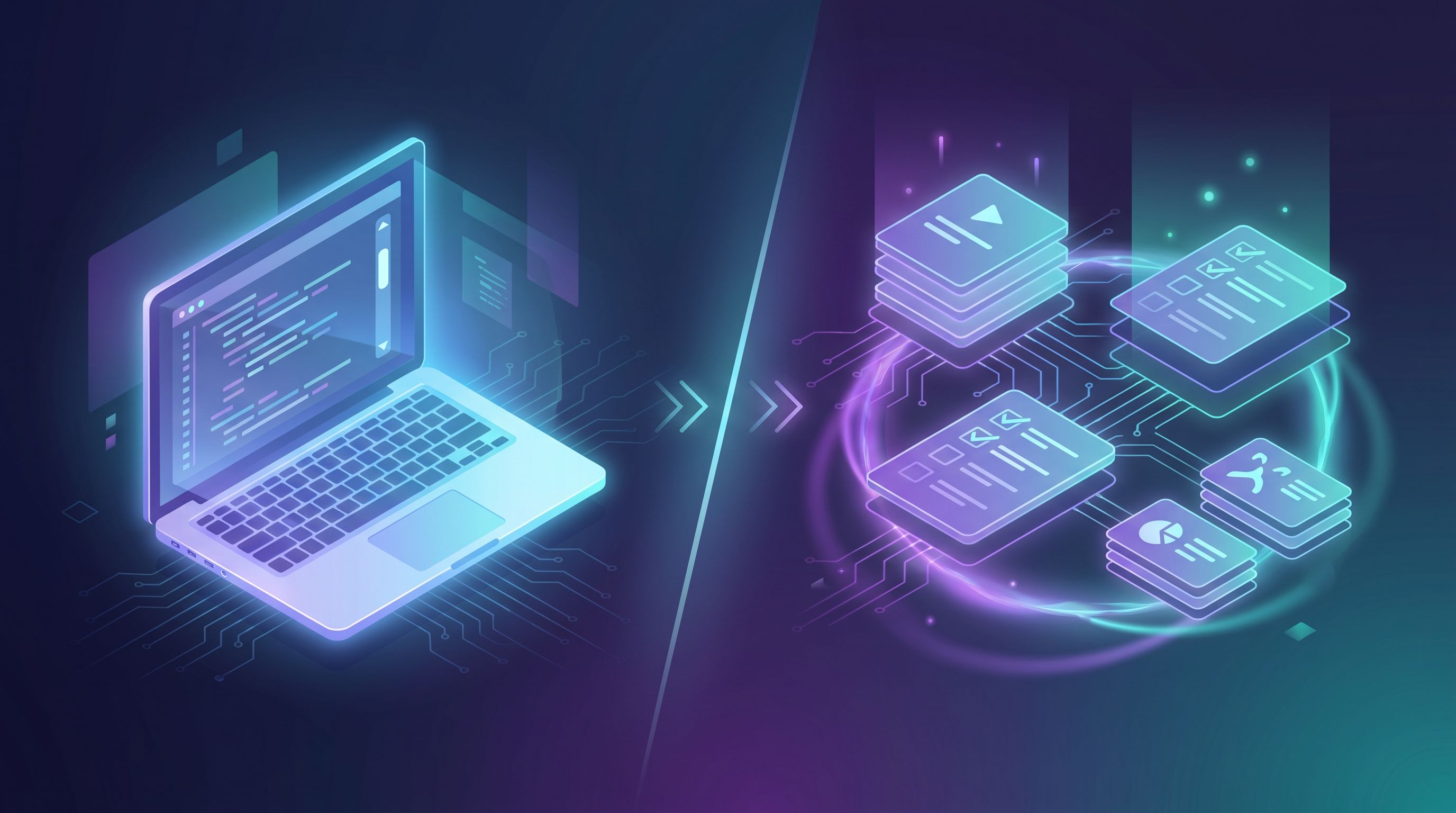 a split-screen illustration showing on one side a long blog article on a laptop, and on the other si