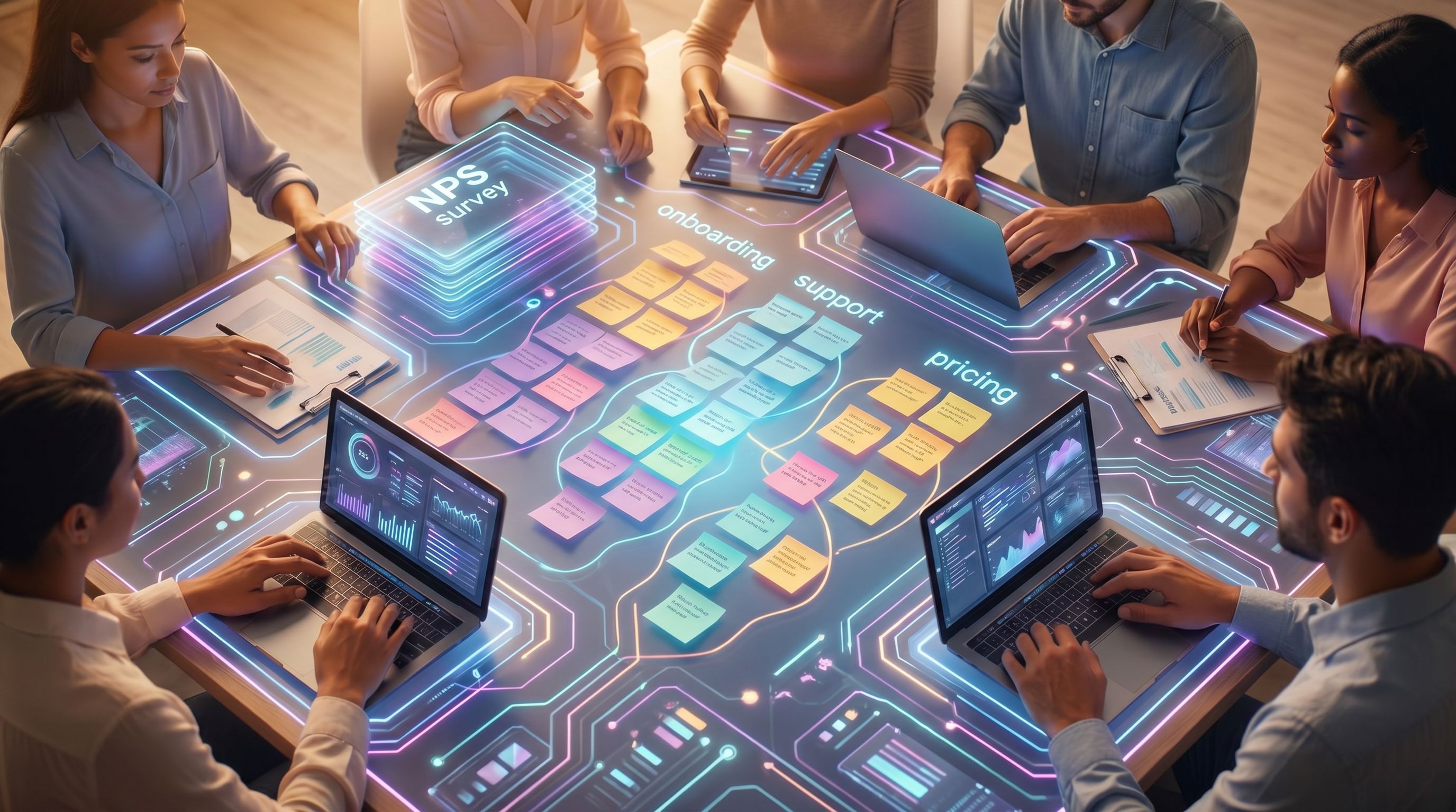 An overhead view of a marketing team around a large table covered in printed NPS survey sheets, colo