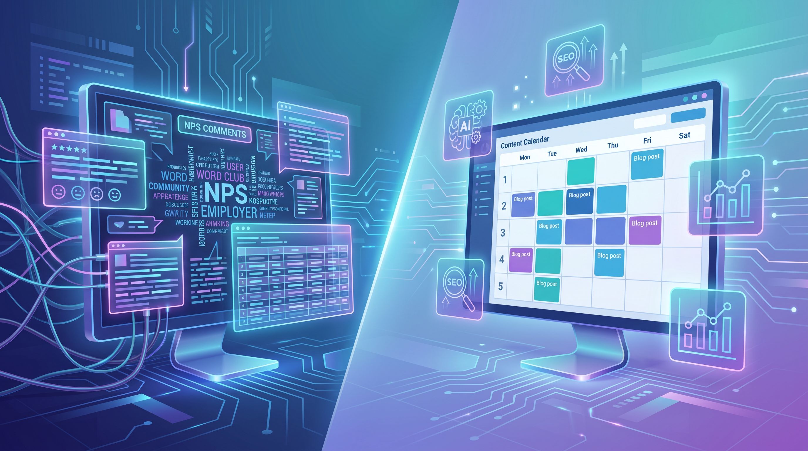 A split-screen style composition: on the left, a chaotic scene of raw NPS comments and spreadsheets