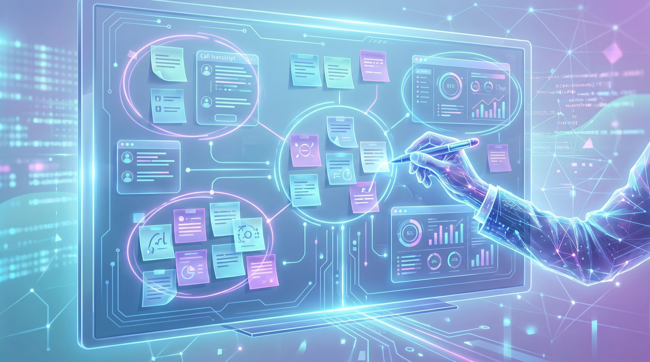 collage-style illustration of sticky notes, call transcripts, and analytics dashboards on a large wh