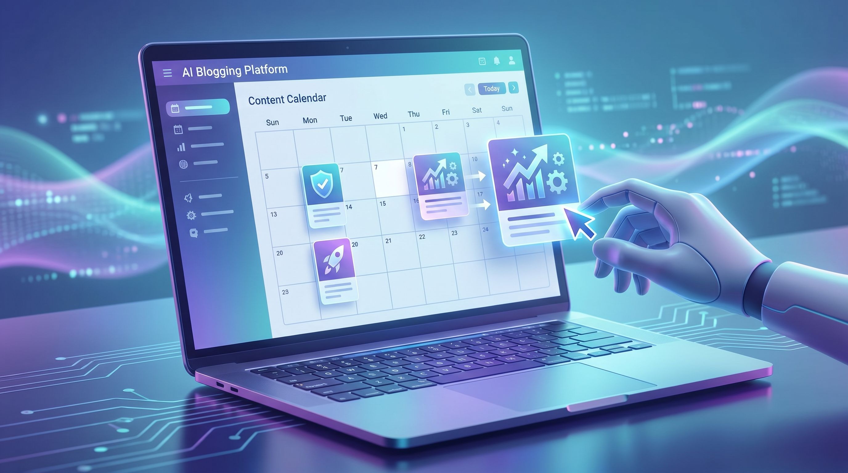 interface mockup of an AI blogging platform on a laptop screen showing a content calendar where each