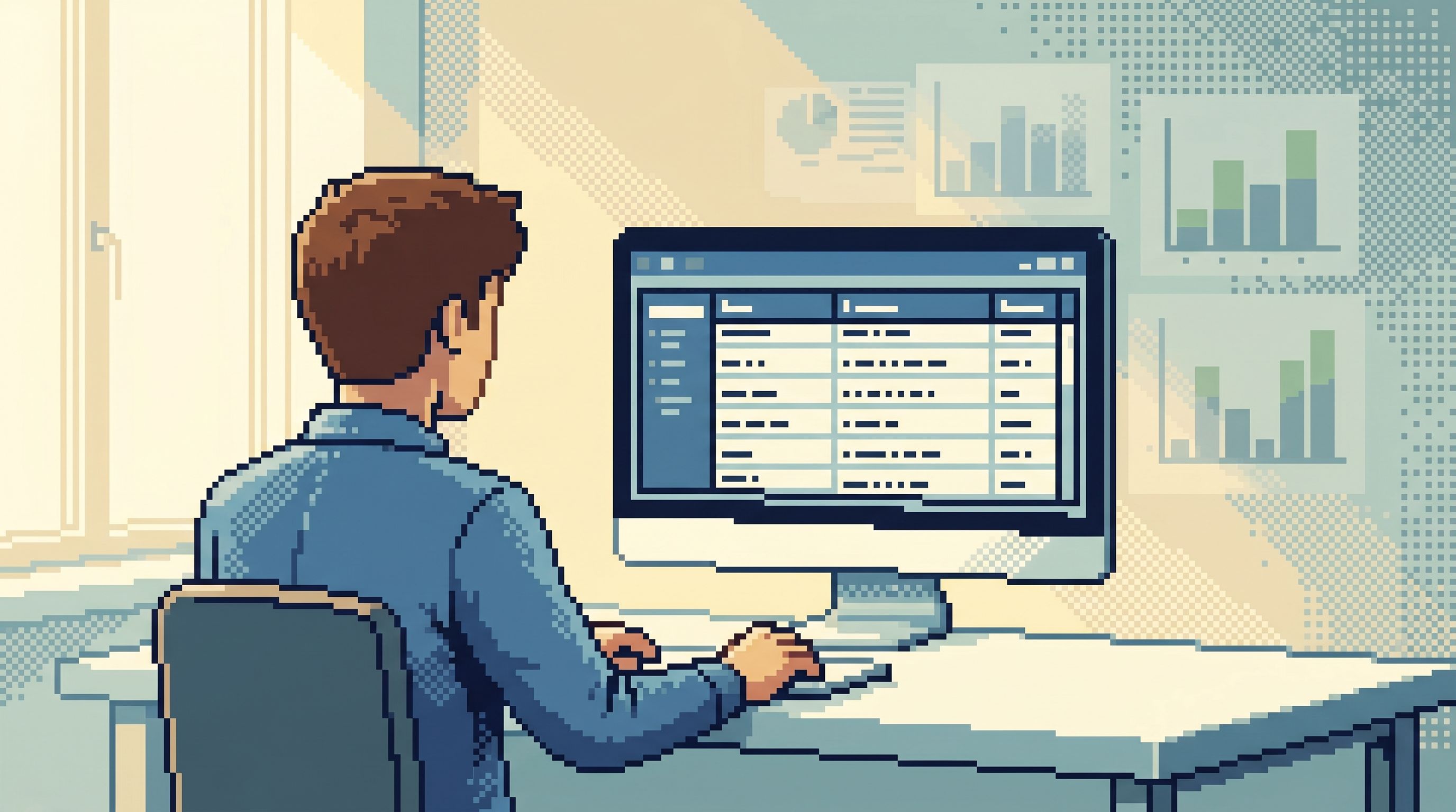 Over-the-shoulder view of an engineer at a clean desk with only one large monitor displaying a simpl