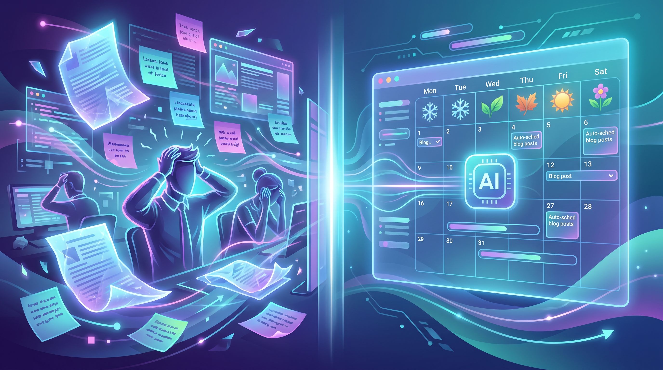 Split-screen illustration showing on the left a chaotic, last-minute content scramble with scattered
