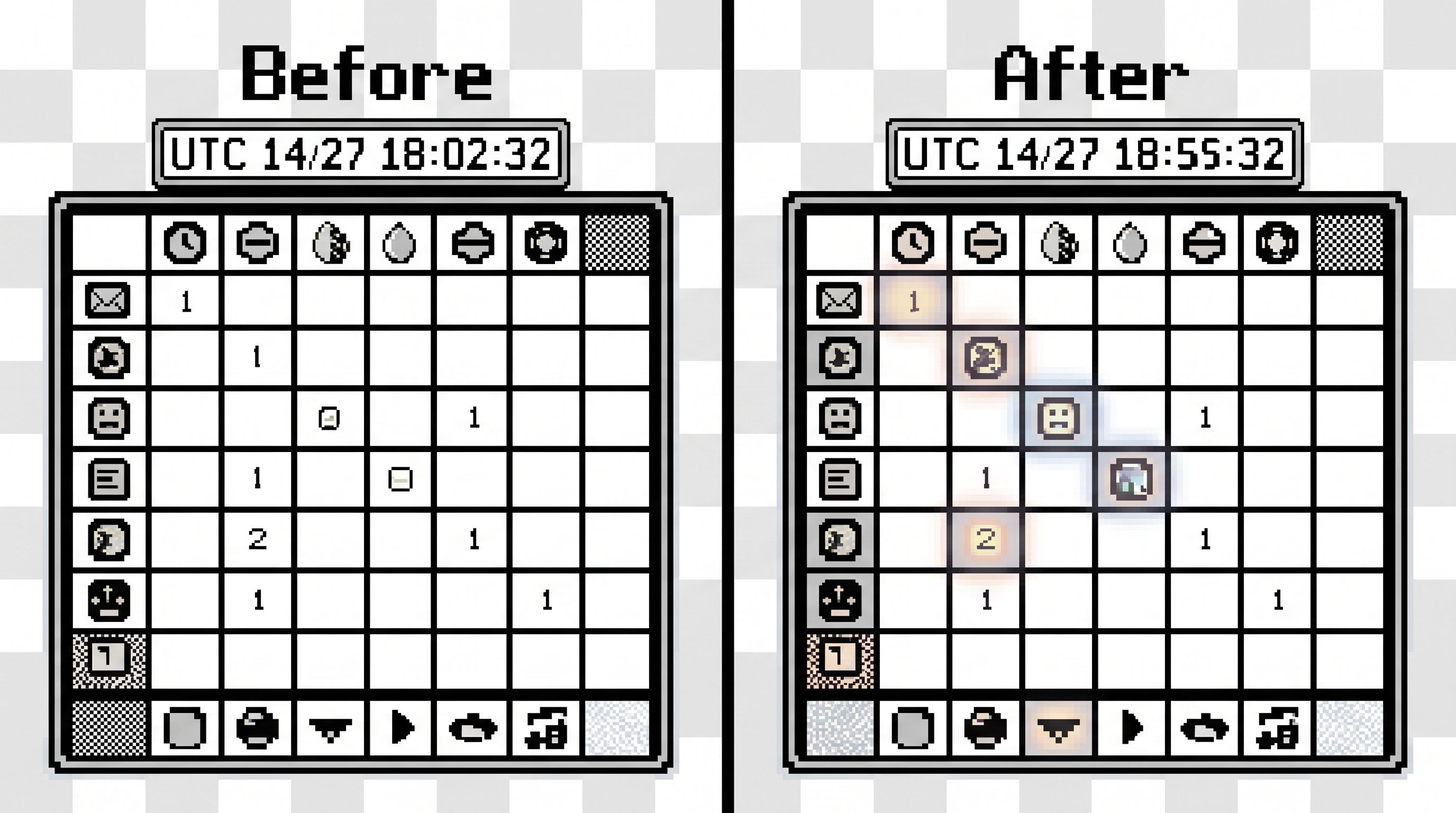 A split-screen layout with two nearly identical tables of rows labeled “Before” and “After”, each fr
