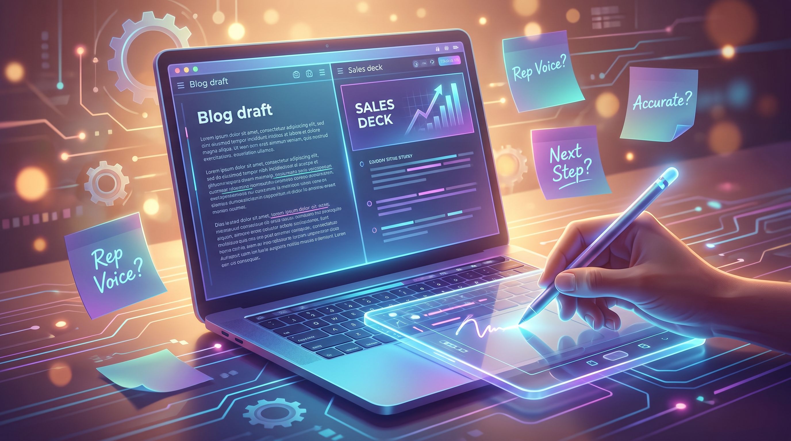 close-up of a laptop screen showing a blog draft side-by-side with a sales deck slide, with a market