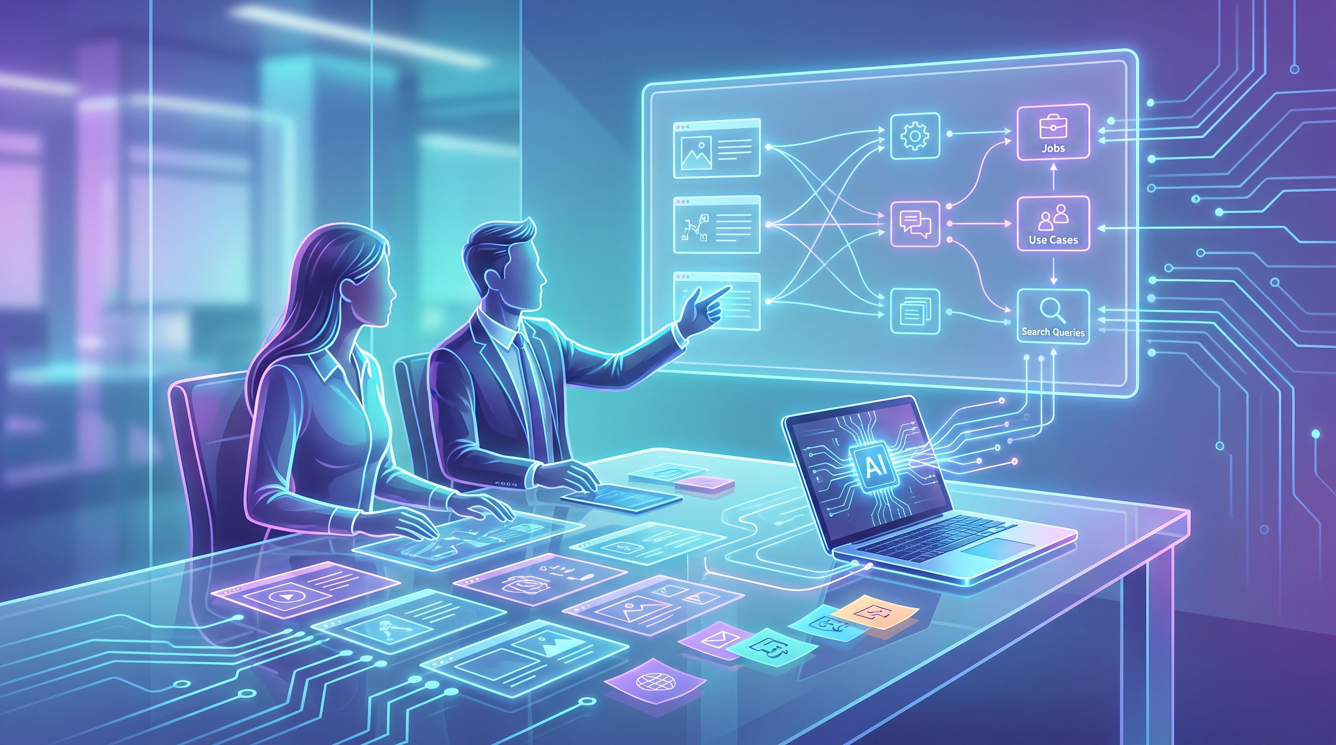 a marketer and a salesperson sitting at a large desk covered with printed slide thumbnails, sticky n