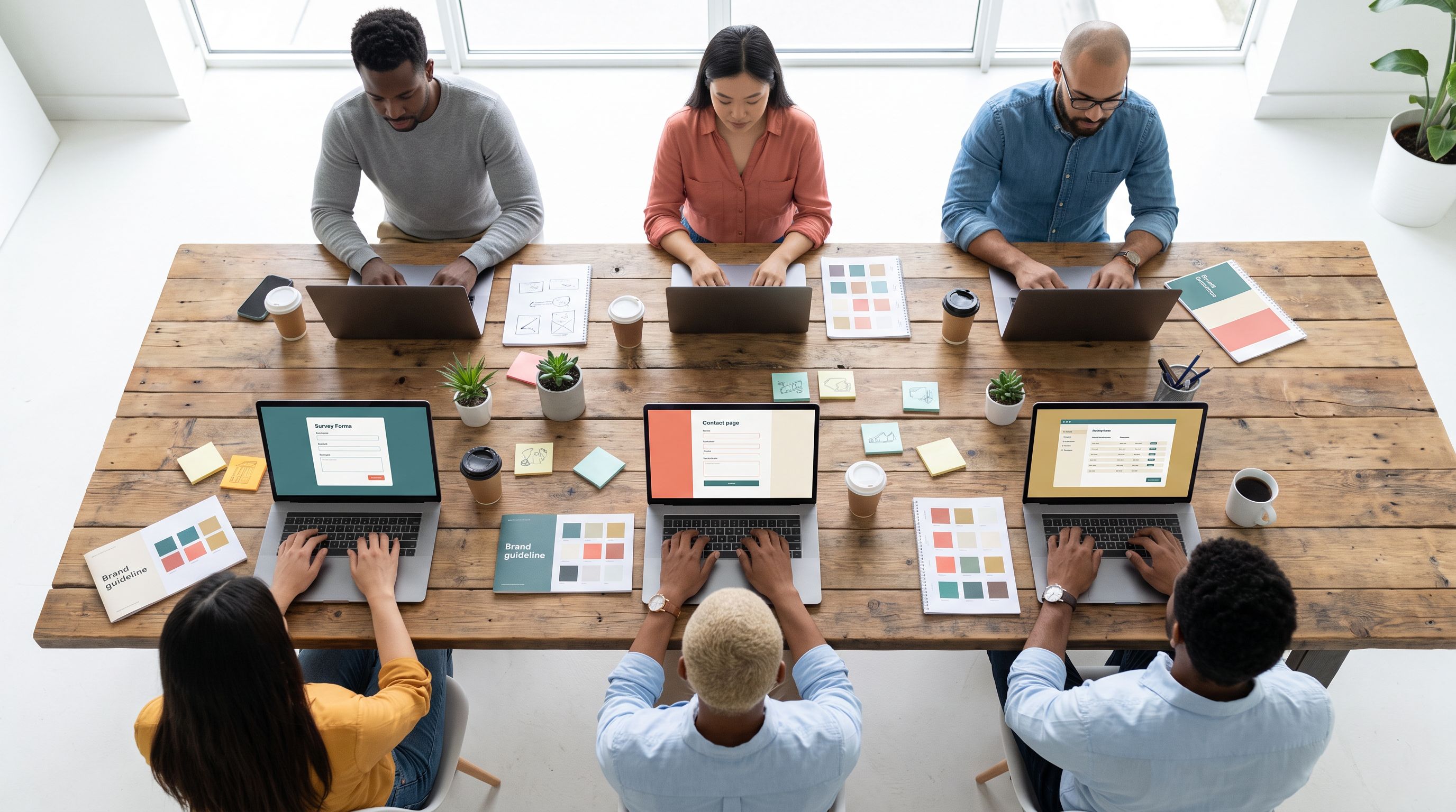 Overhead view of a distributed marketing team collaborating on laptops around a long table, each scr