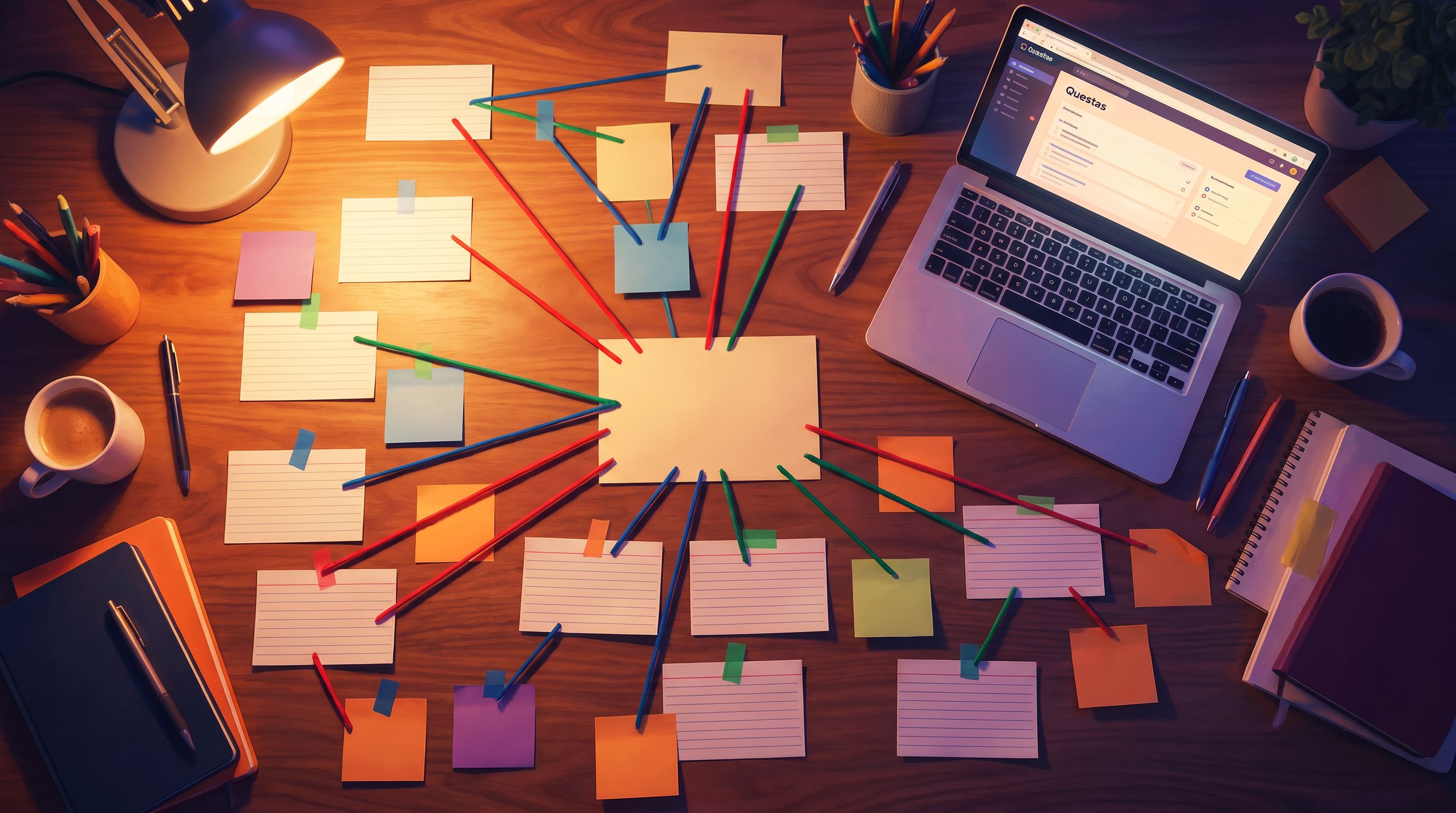 bird’s‑eye view of a branching story map drawn on sticky notes and index cards on a wooden desk, wit