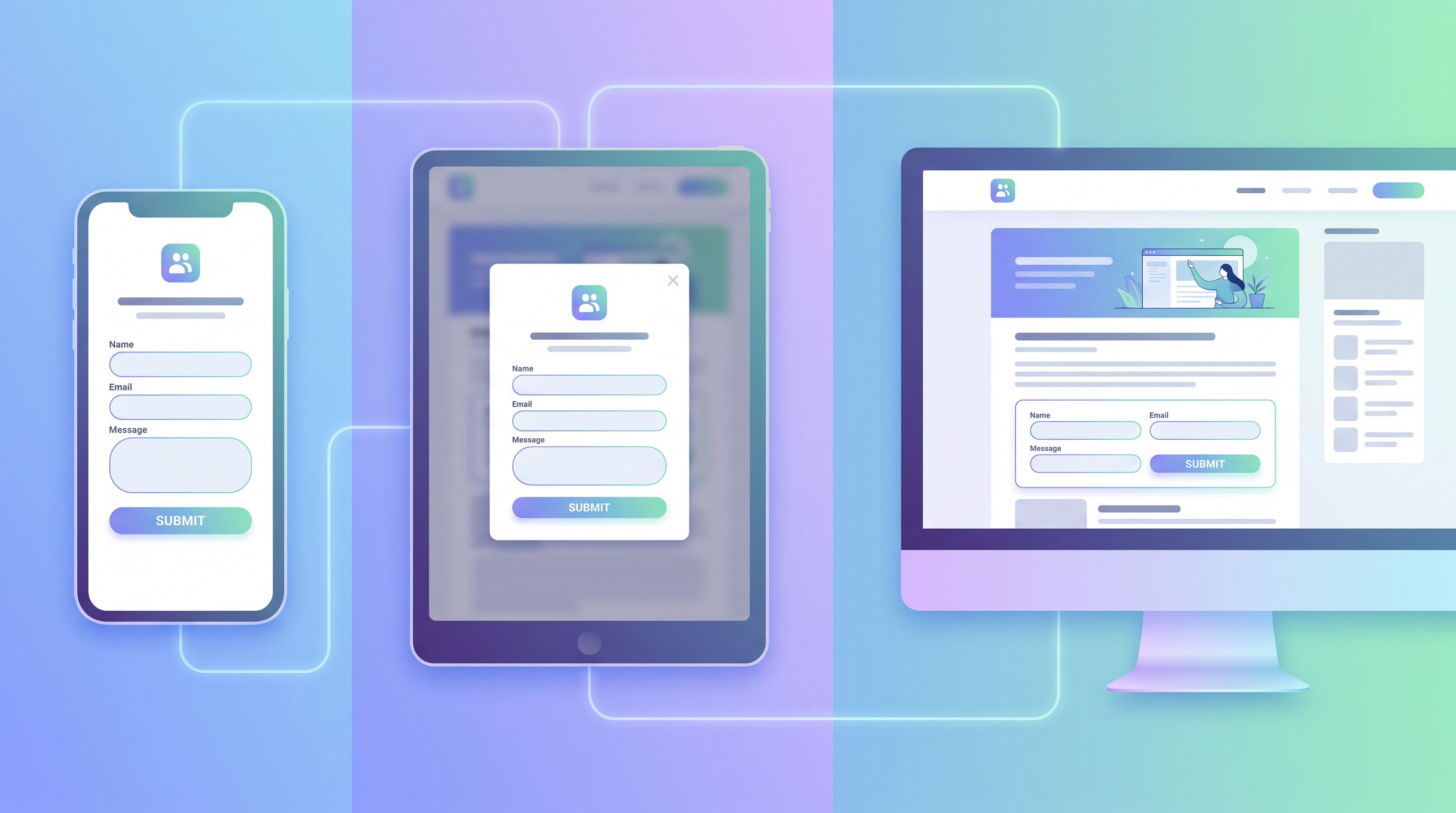 Split-screen illustration showing the same branded form theme displayed seamlessly across a smartpho