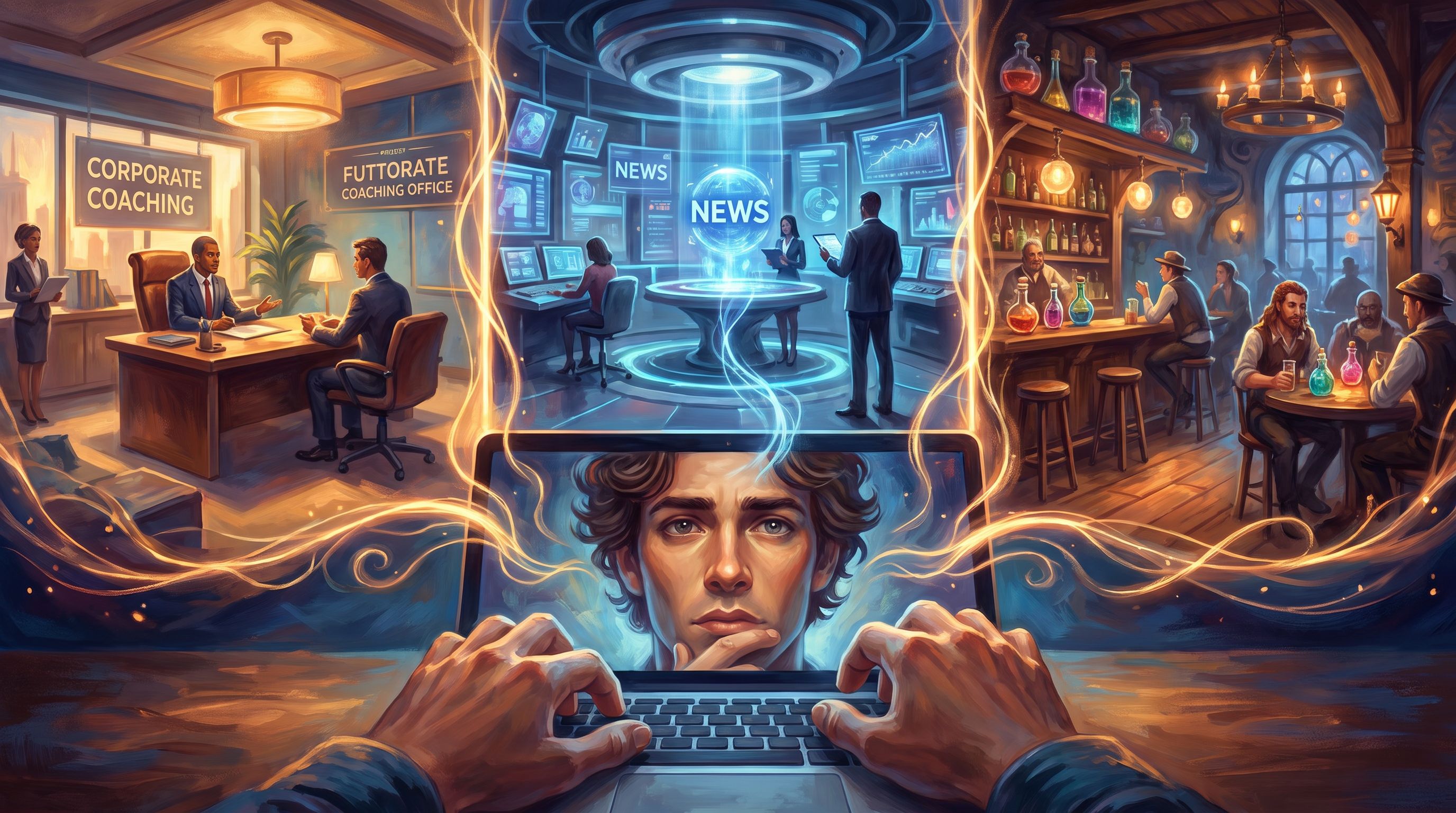 split‑screen image showing three parallel story scenes on a laptop display, each in a different but