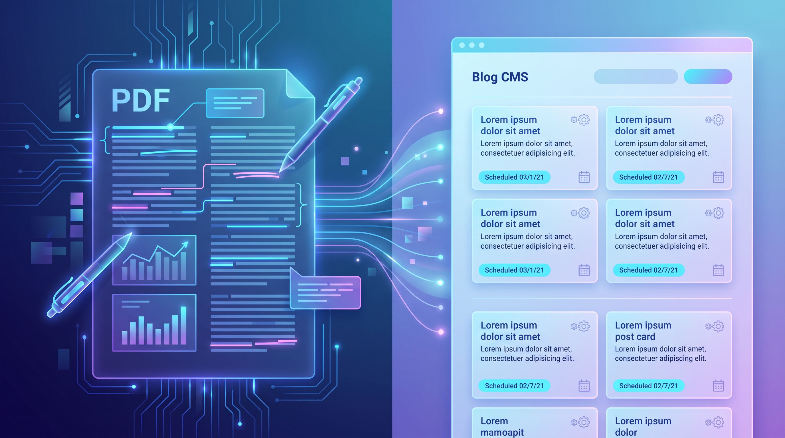 Split-screen illustration where the left half shows a dense PDF proposal with annotations and highli