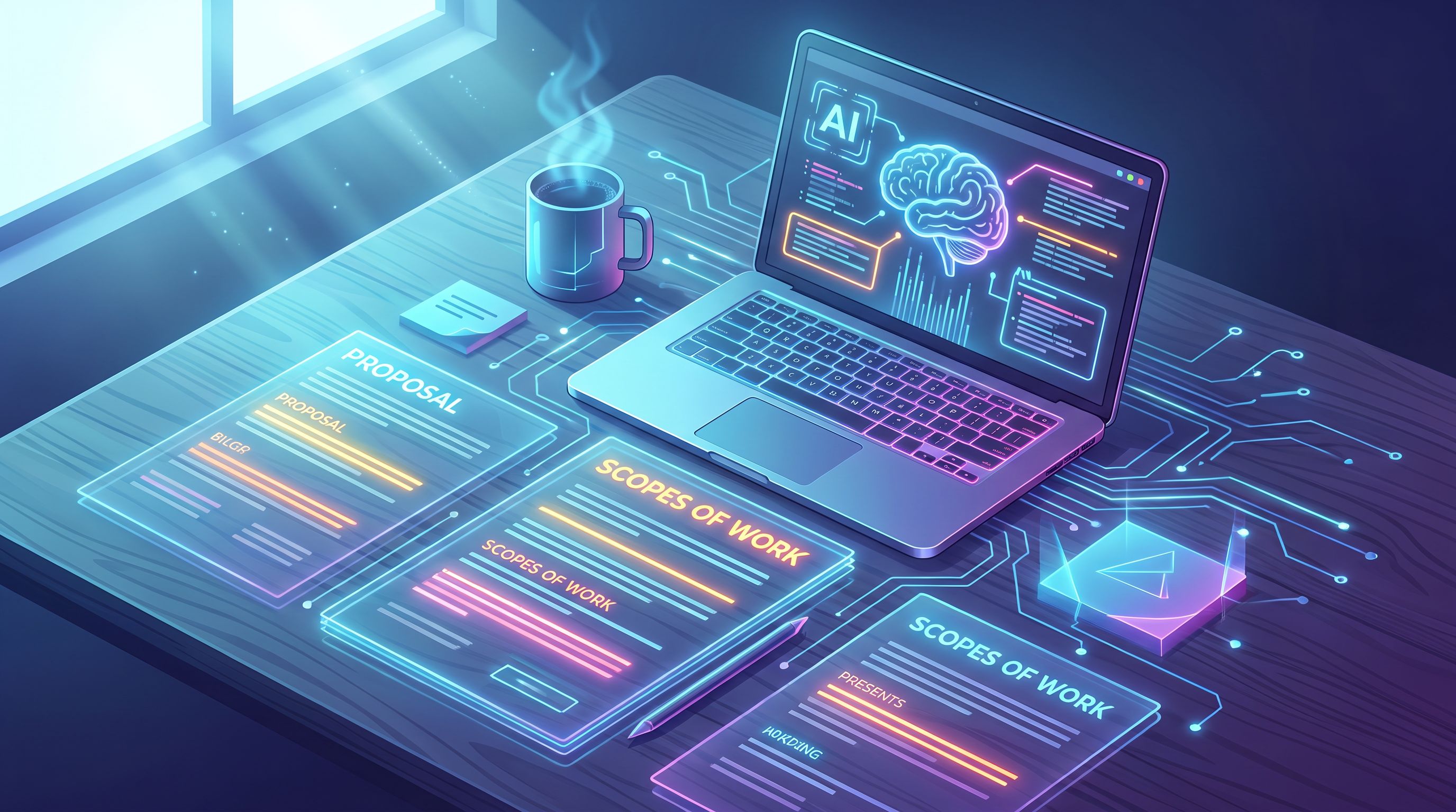 Overhead view of a service business owner at a tidy wooden desk, surrounded by printed proposals and