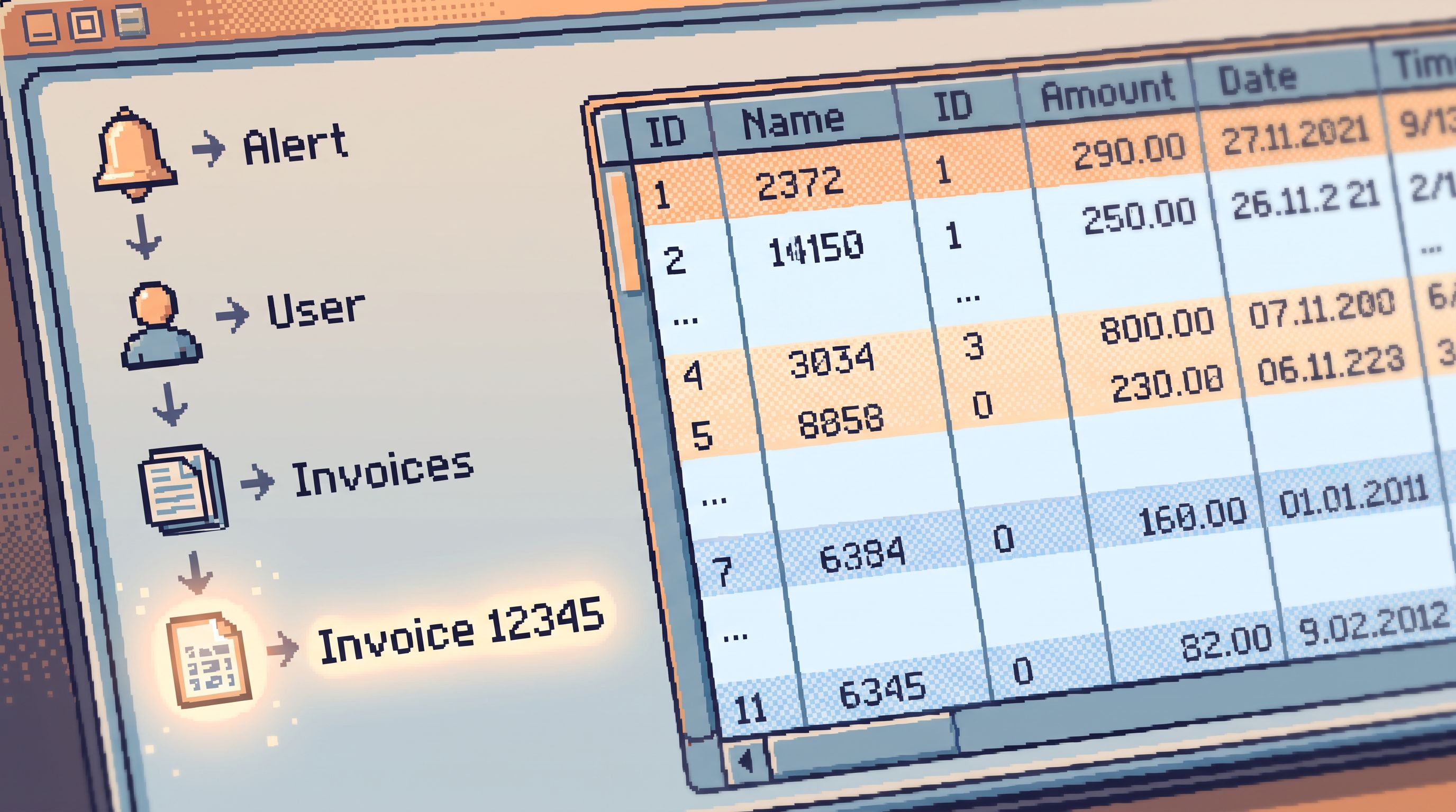 Close-up of a clean database browser screen showing a vertical breadcrumb trail (“Alert → User → Inv