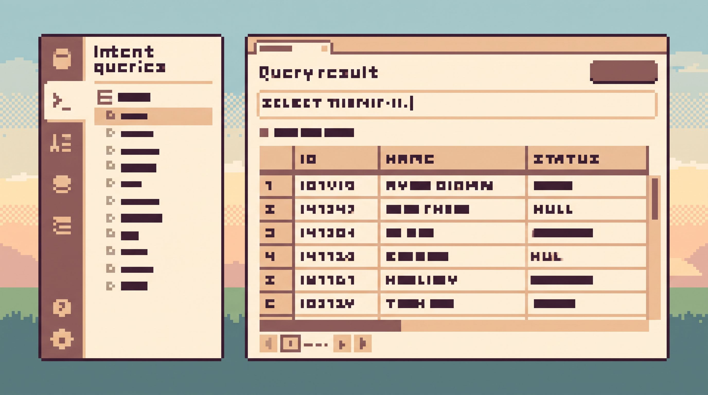 Wide, minimalist UI mock of a database browser with a calm, uncluttered layout; on the left, a verti
