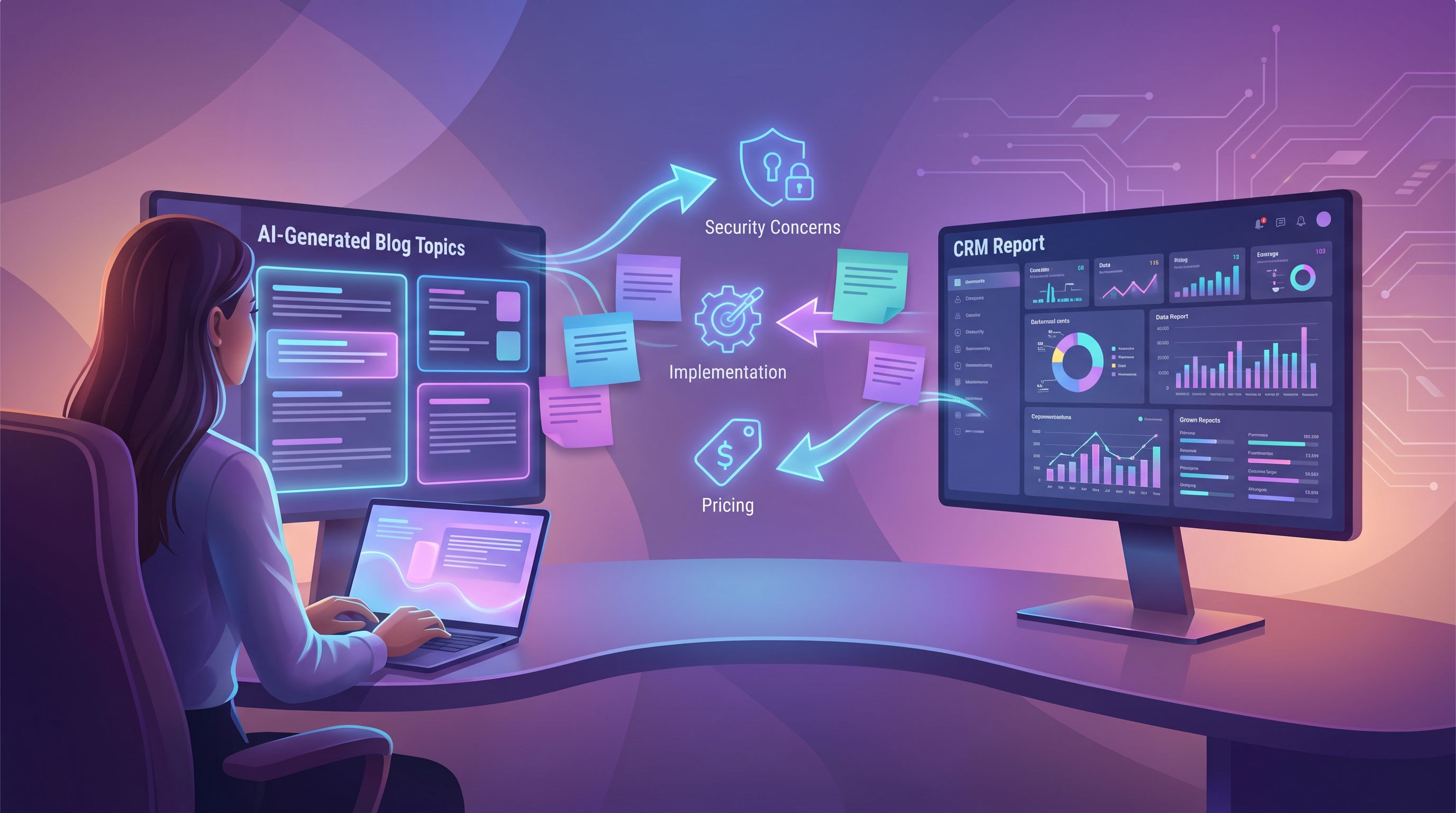 a marketing strategist at a laptop reviewing AI-generated blog topics on one screen and a CRM report