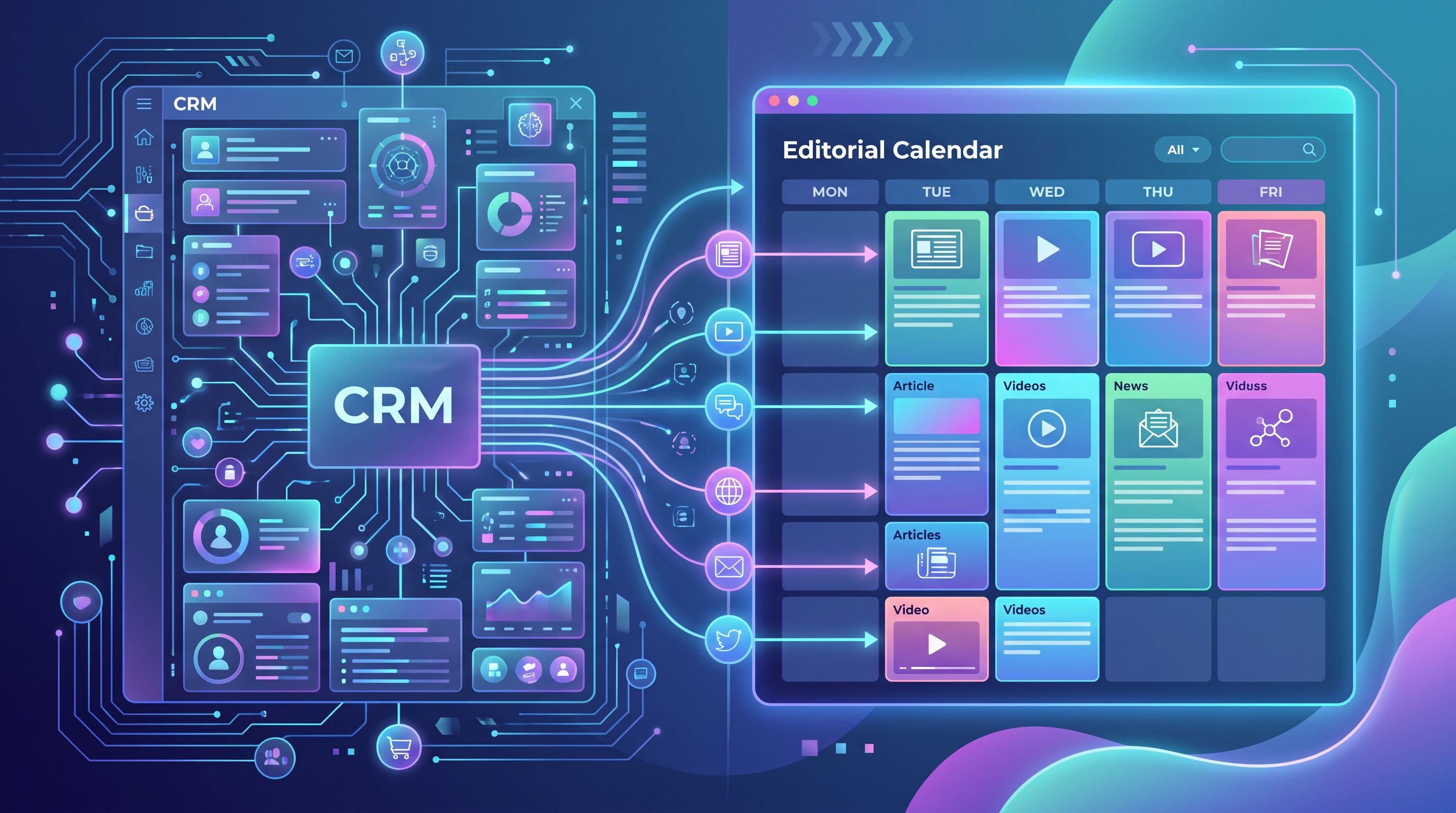 a split-screen dashboard view showing a cluttered CRM interface on the left and a clean, color-coded