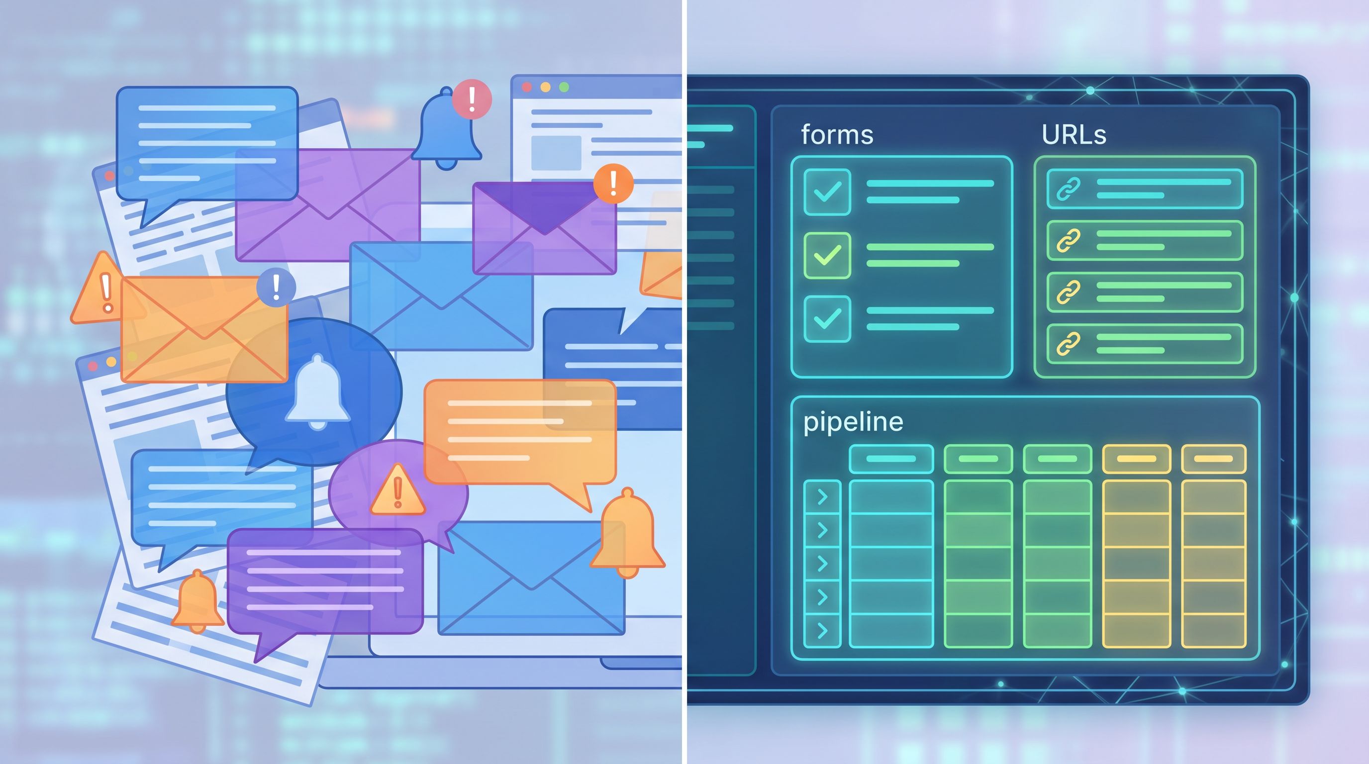 Split-screen illustration: on the left, chaotic overlapping social media DMs, emails, and notificati
