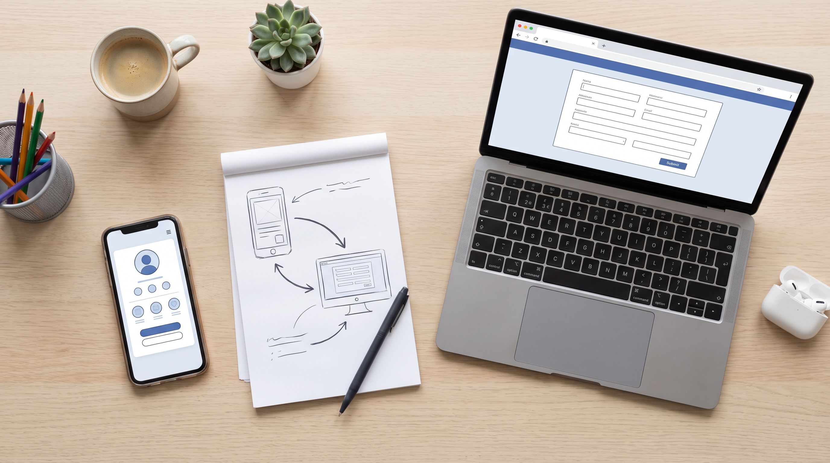 Overhead view of a creator’s workspace with a smartphone showing a polished link-in-bio page, a lapt
