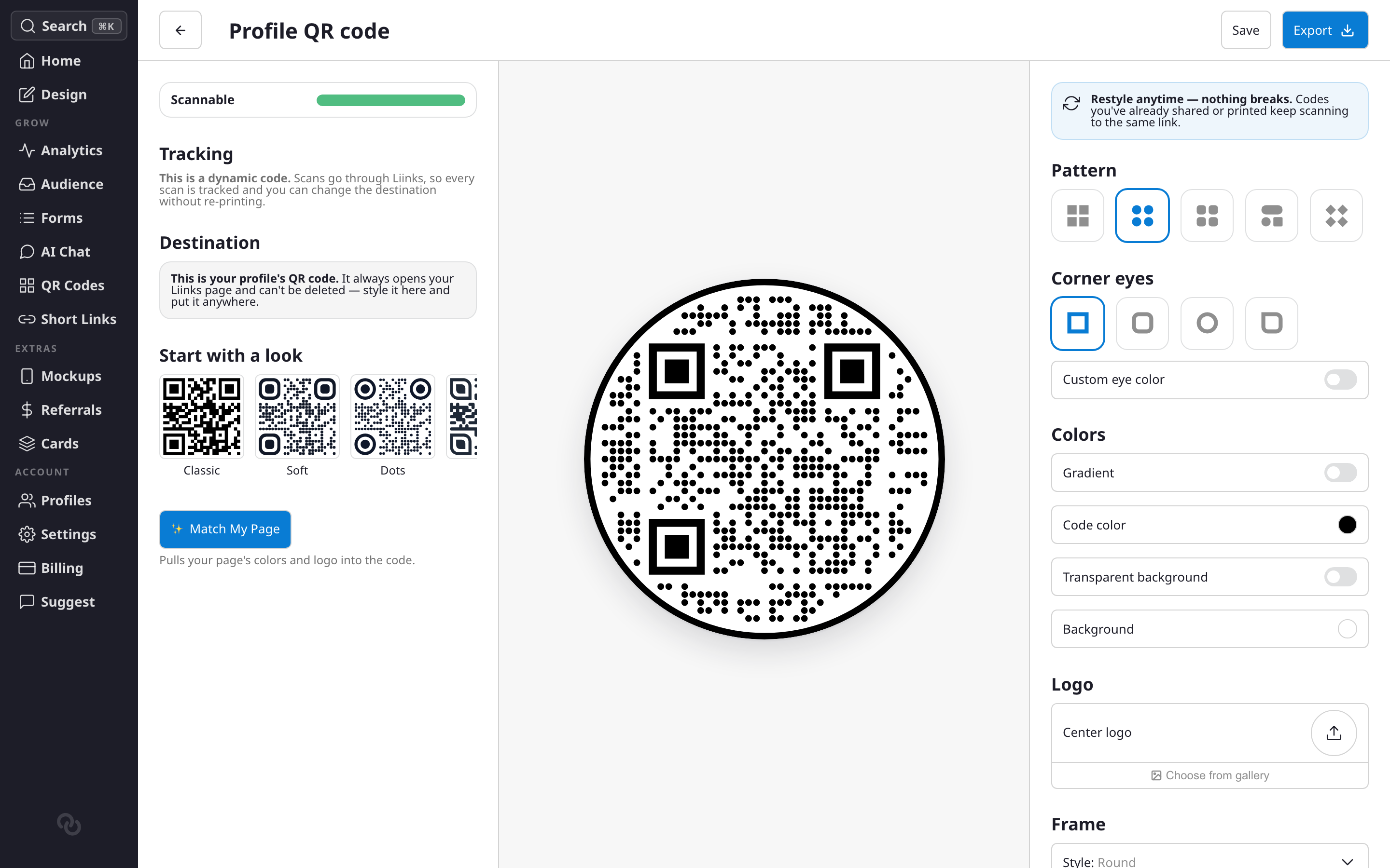QR Studio with presets, pattern and eye styling, colors, logo options, and the scannability meter