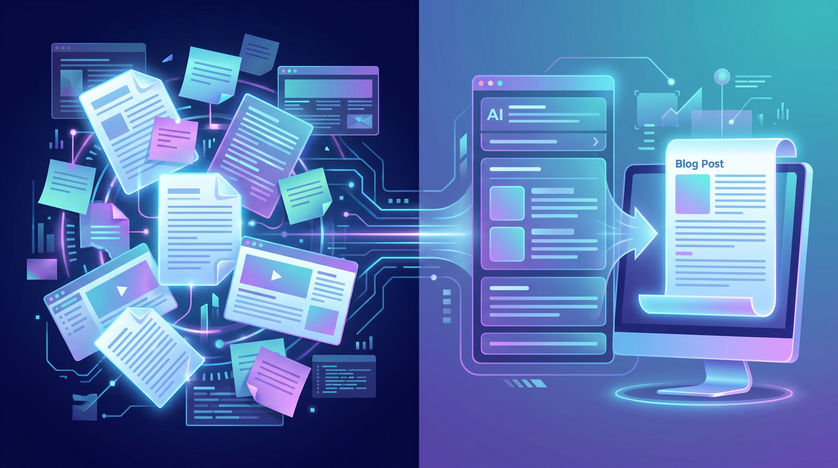 A split-screen illustration showing on the left a chaotic pile of documents, sticky notes, and scree