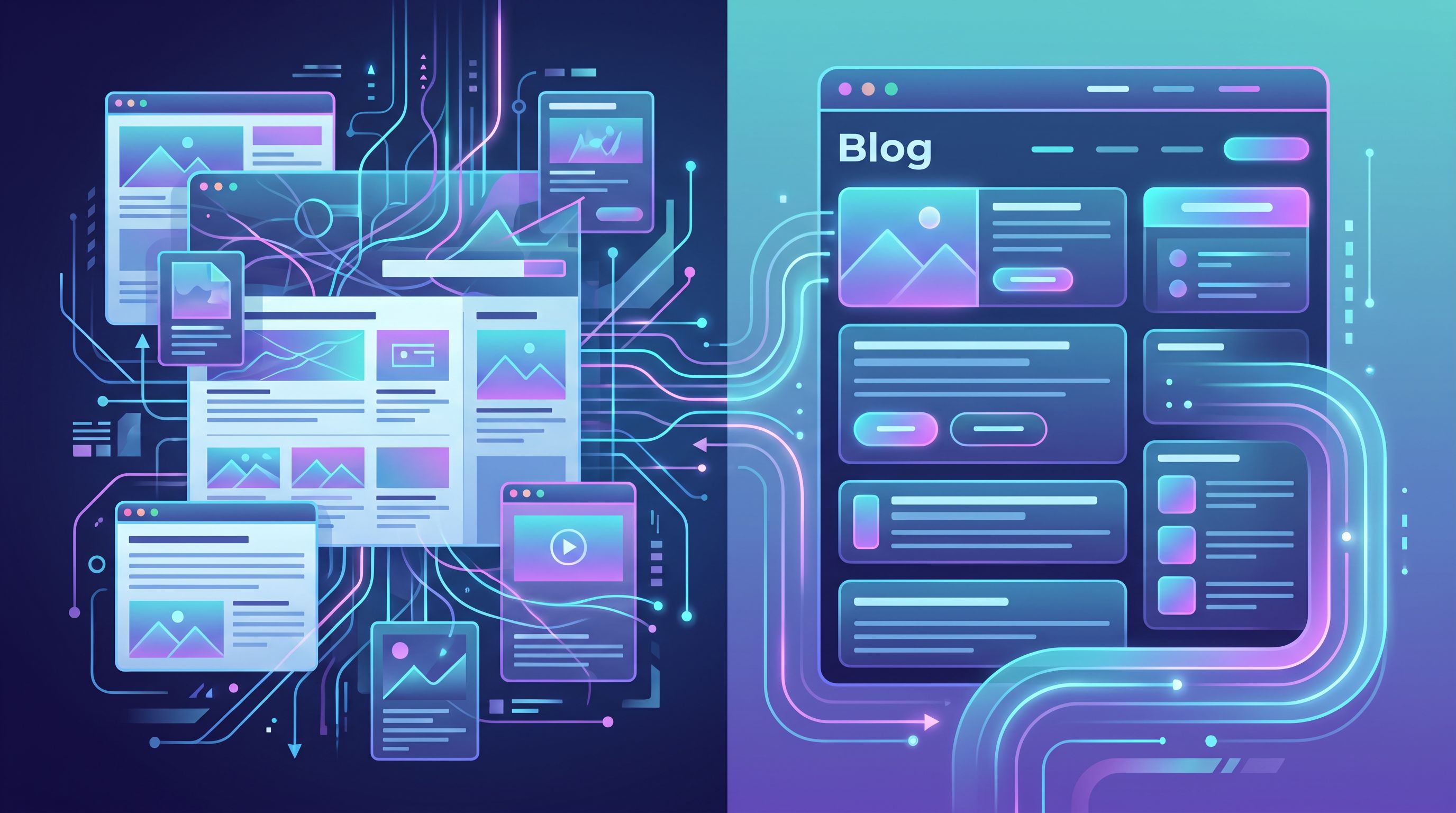 Split-screen illustration showing on the left a cluttered, inconsistent blog layout and on the right