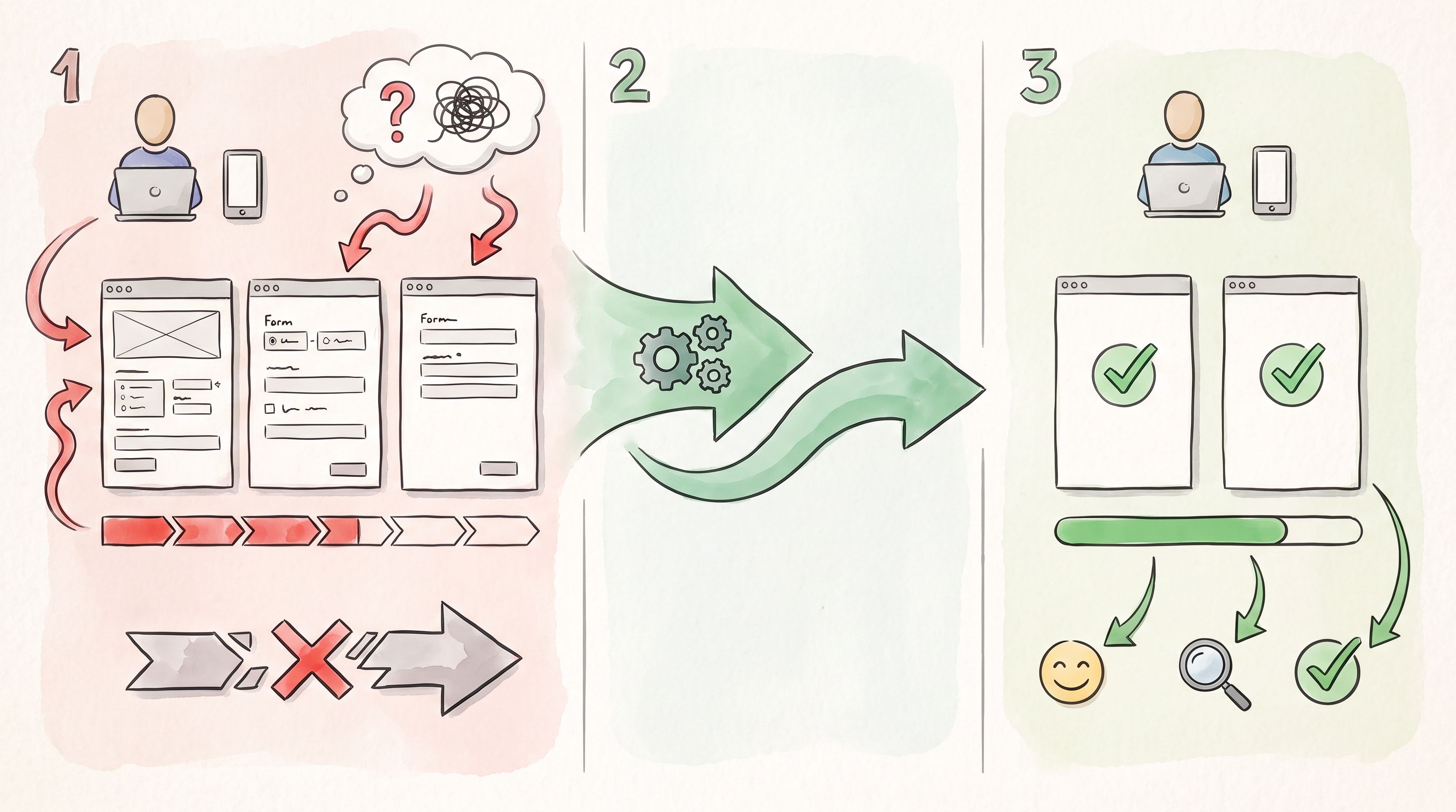 storyboard-style illustration showing a user moving through a multi-step form with a visible progres