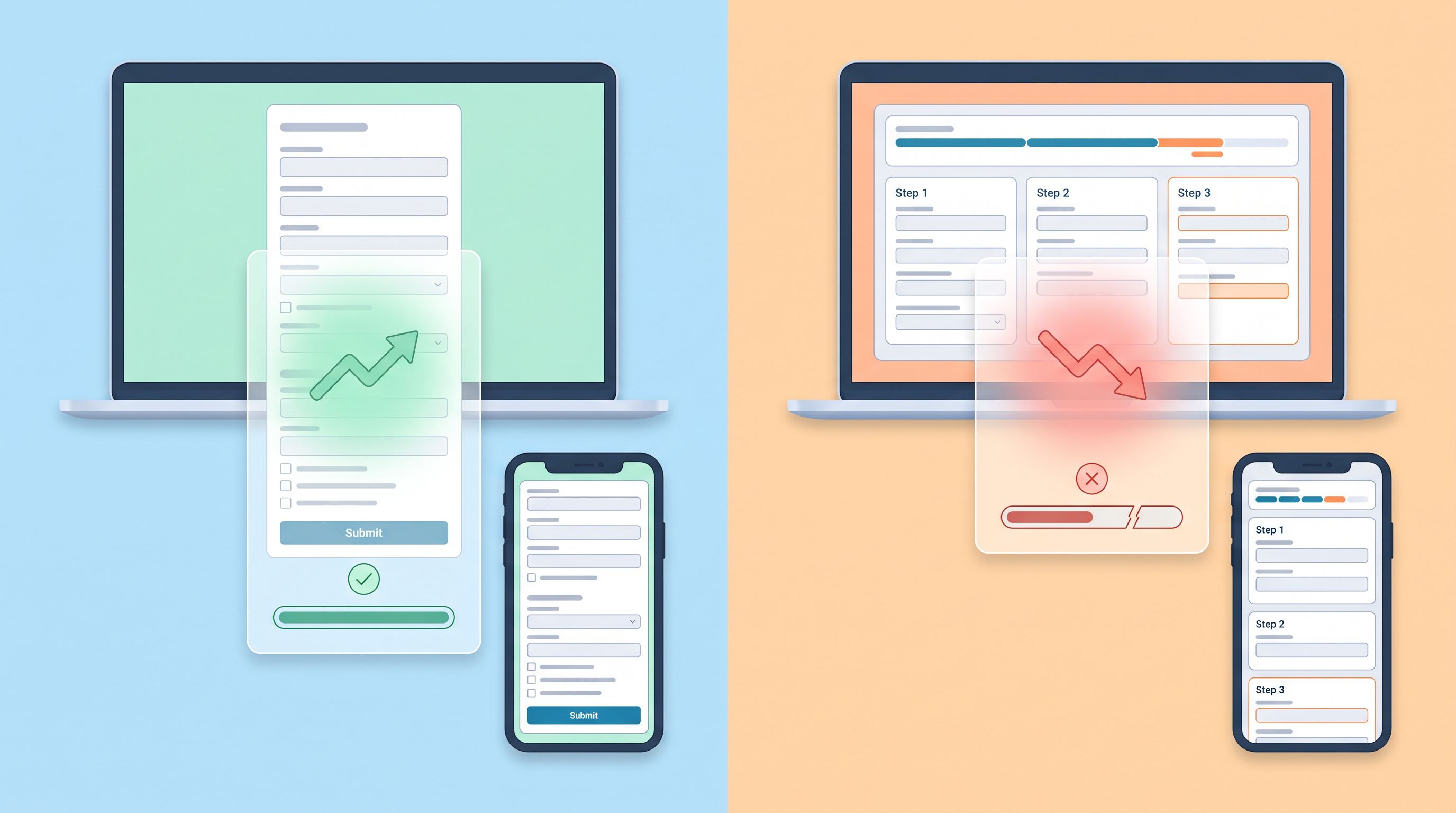 split-screen comparison of a sleek single-page form on the left and a multi-step form with a progres