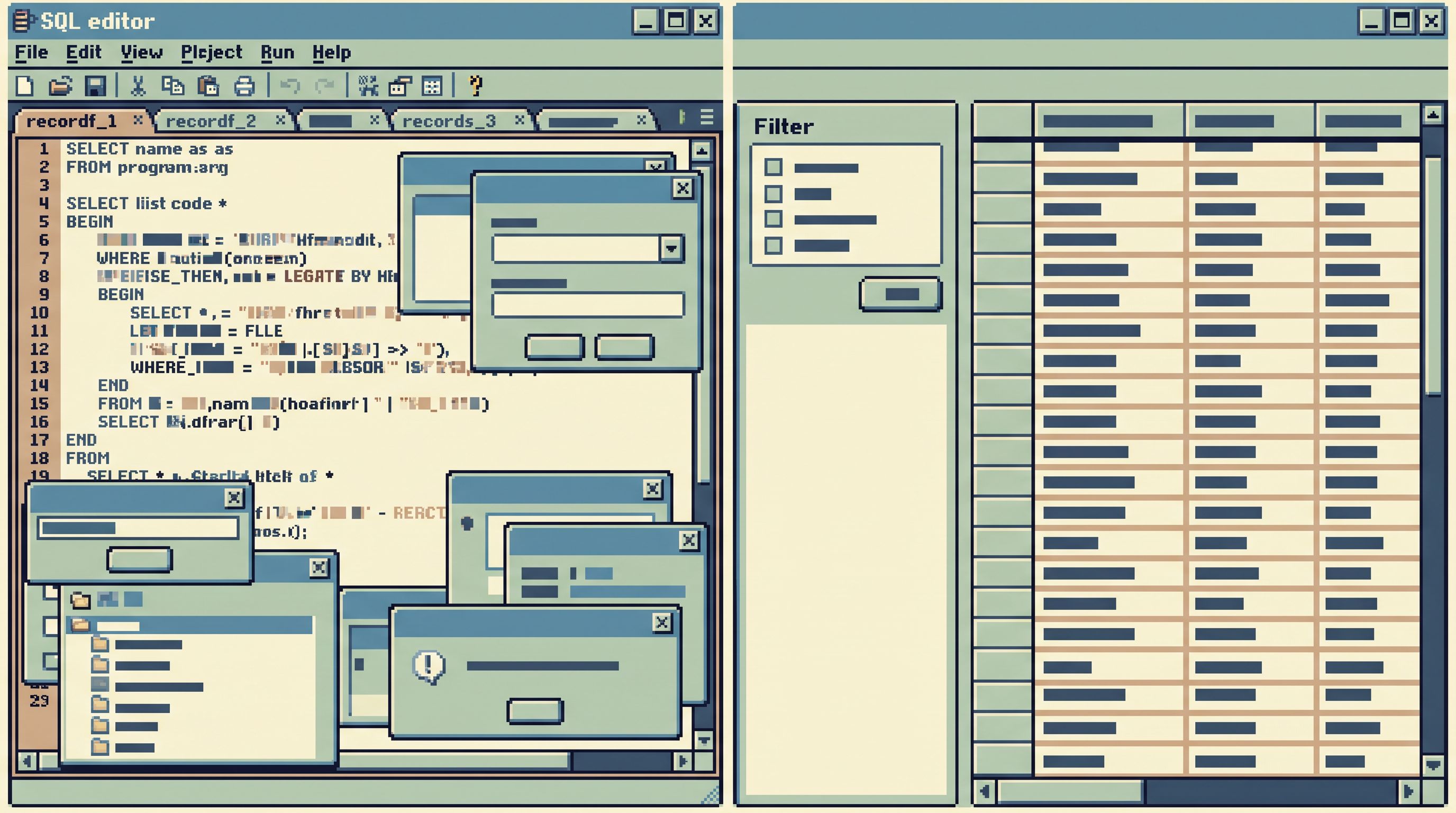 a side-by-side scene showing on the left a chaotic SQL editor with many tabs and tangled queries, an