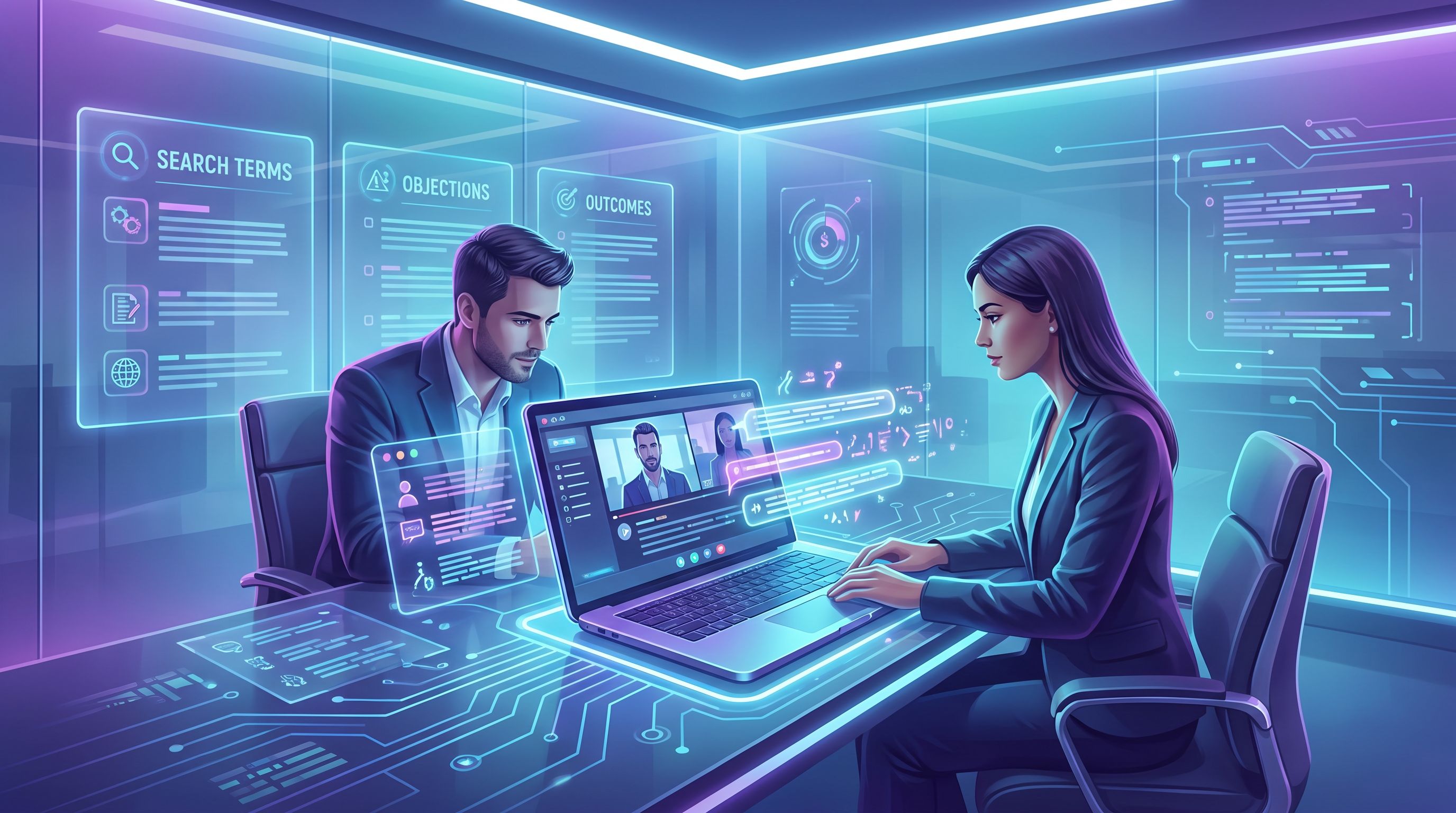 a product marketer and customer success manager sitting in a conference room, reviewing a video call