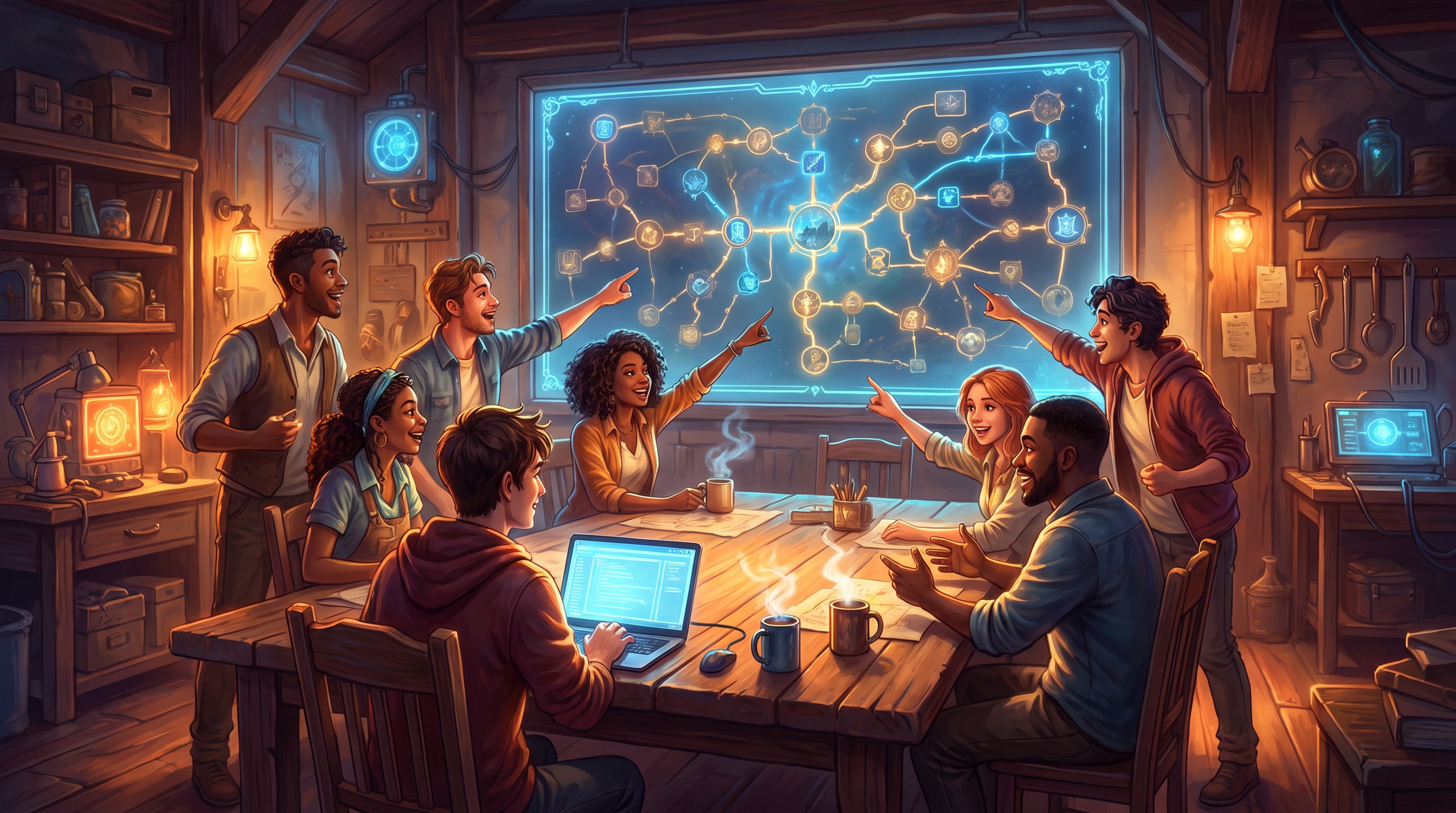 a cozy yet high-tech workshop room with a large screen at the front showing a branching narrative ma