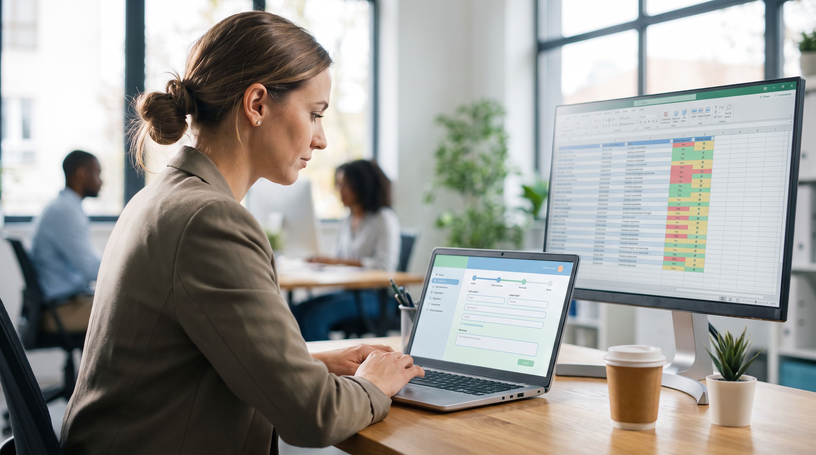 HR manager viewing a clean, modern multi-step job application form on a laptop, with a Google Sheets