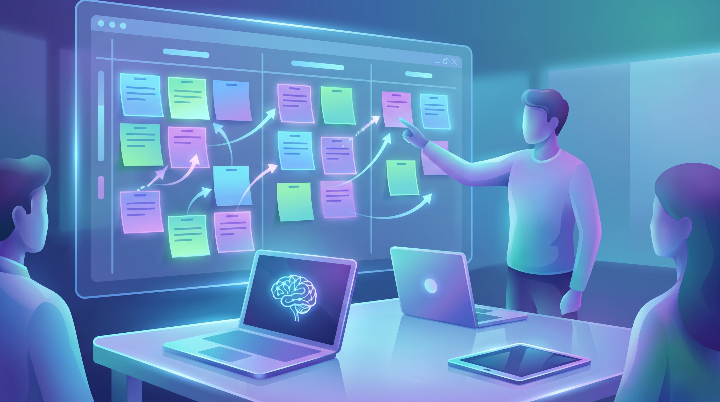 a large whiteboard or digital kanban board covered in color-coded sticky notes labeled with themes l