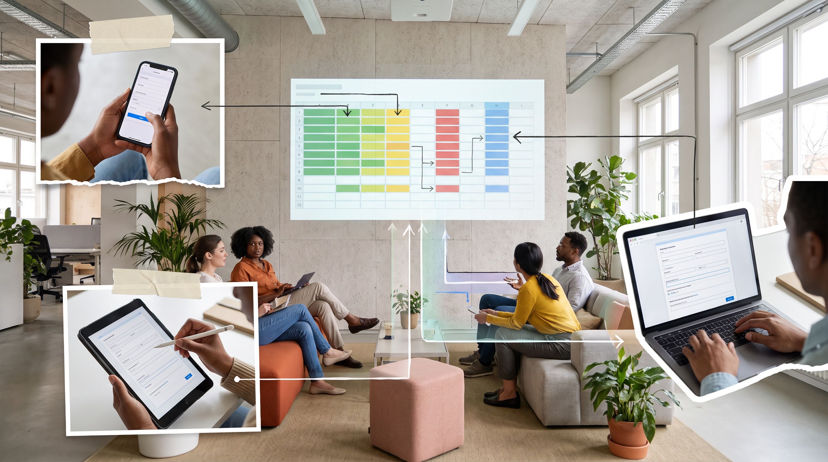 collage-style scene showing employees using HR request forms on different devices (phone, tablet, la