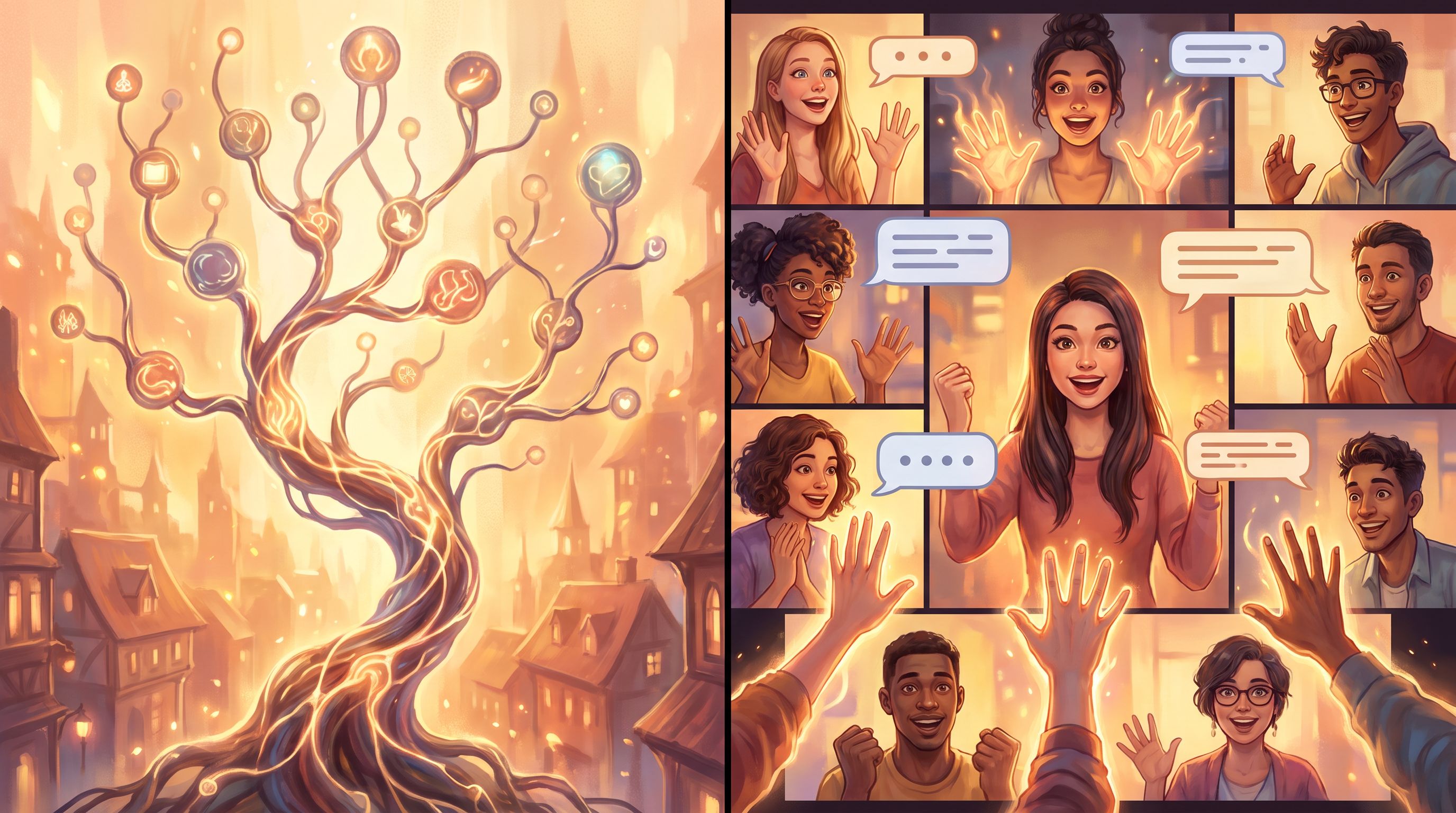 a split-screen style illustration showing on the left a Questas branching narrative editor with node
