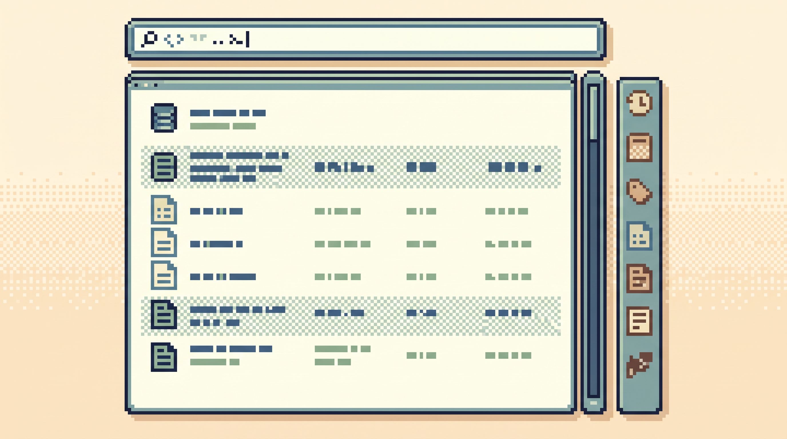 a calm, minimal interface mock of a single database workspace with one main panel showing rows, a sl