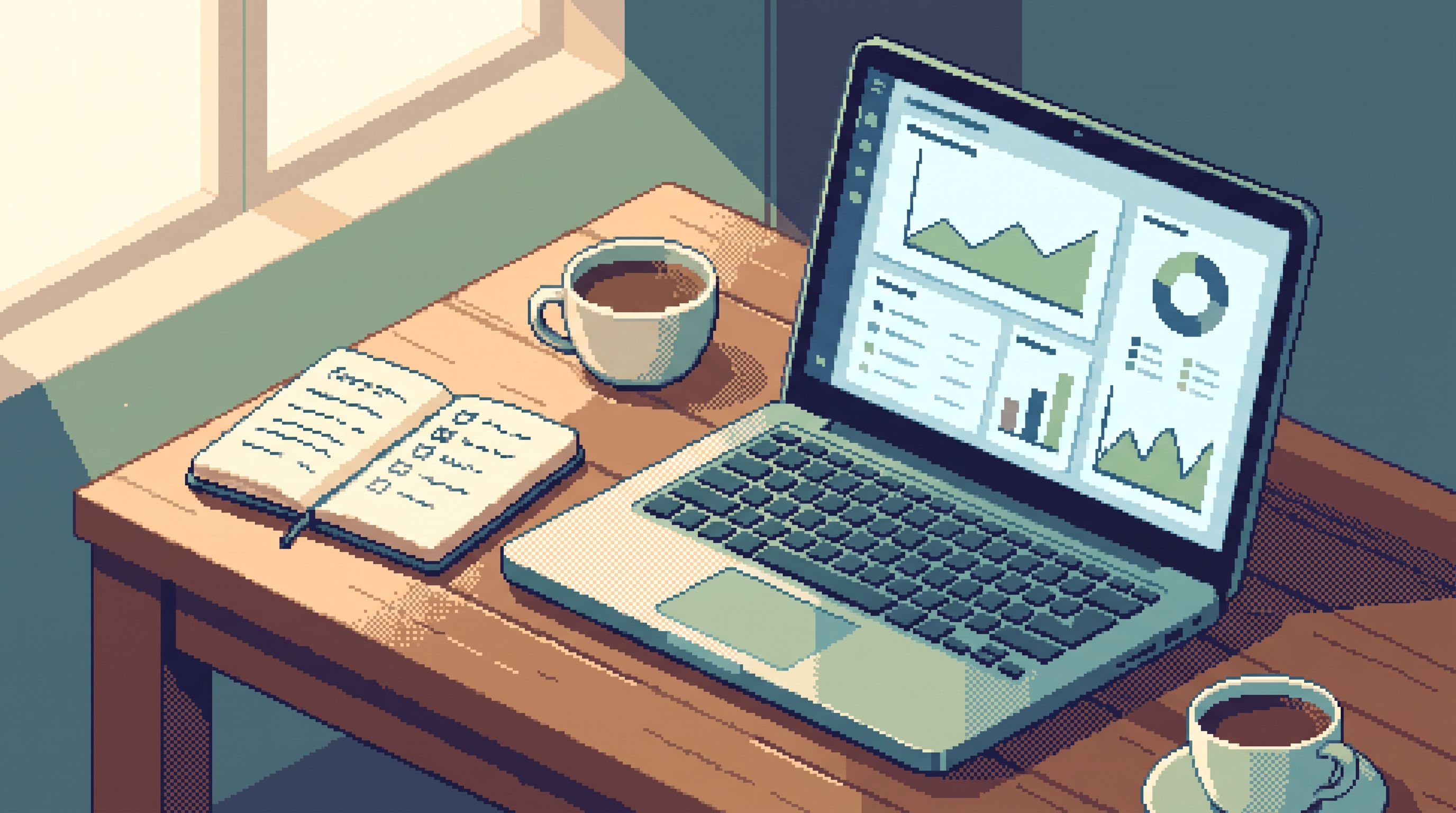 a developer’s desk with a laptop showing a clean single-panel data tool, a small notebook beside it
