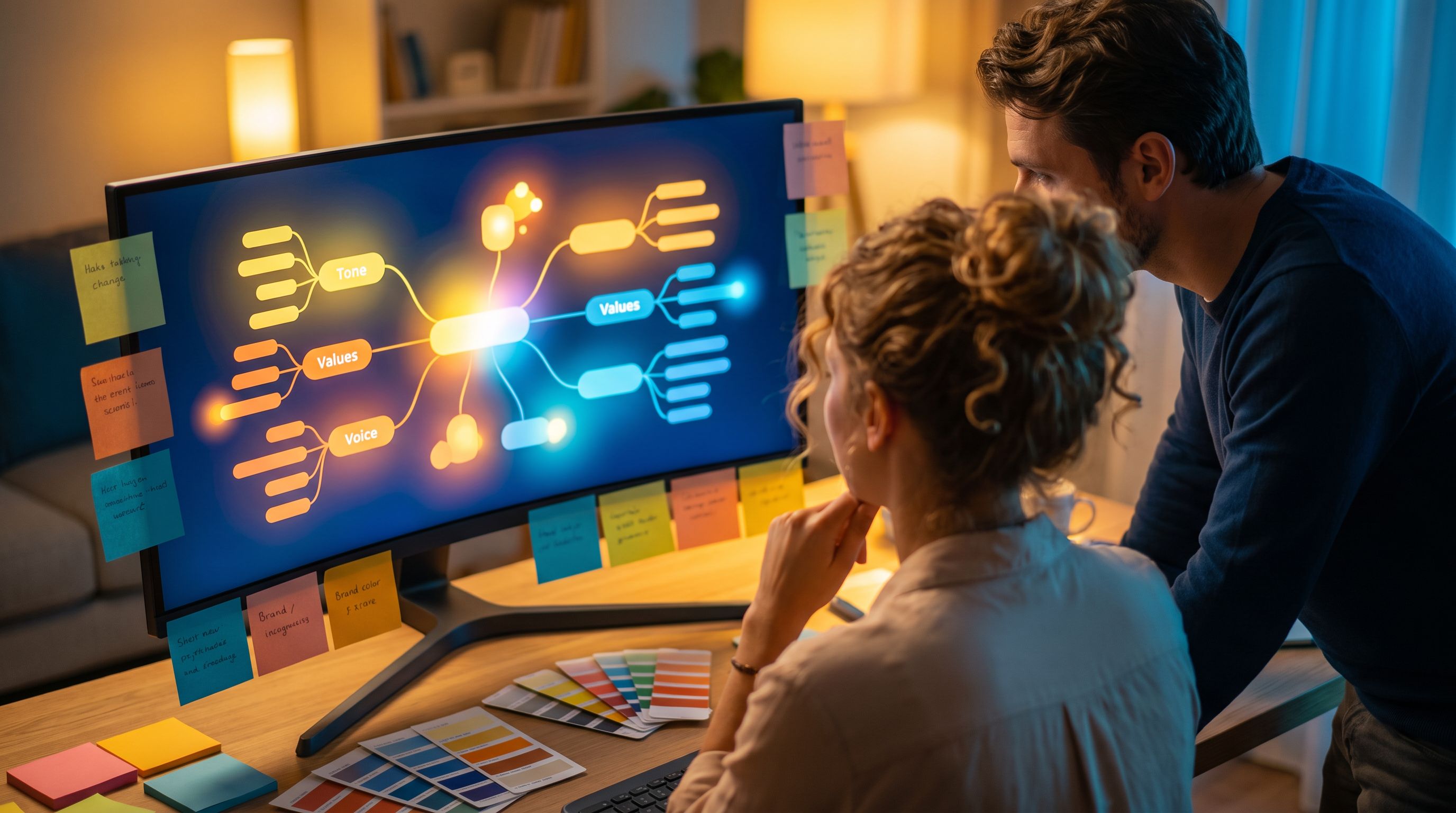 an over-the-shoulder view of a designer and a people-ops lead collaborating at a large monitor displ