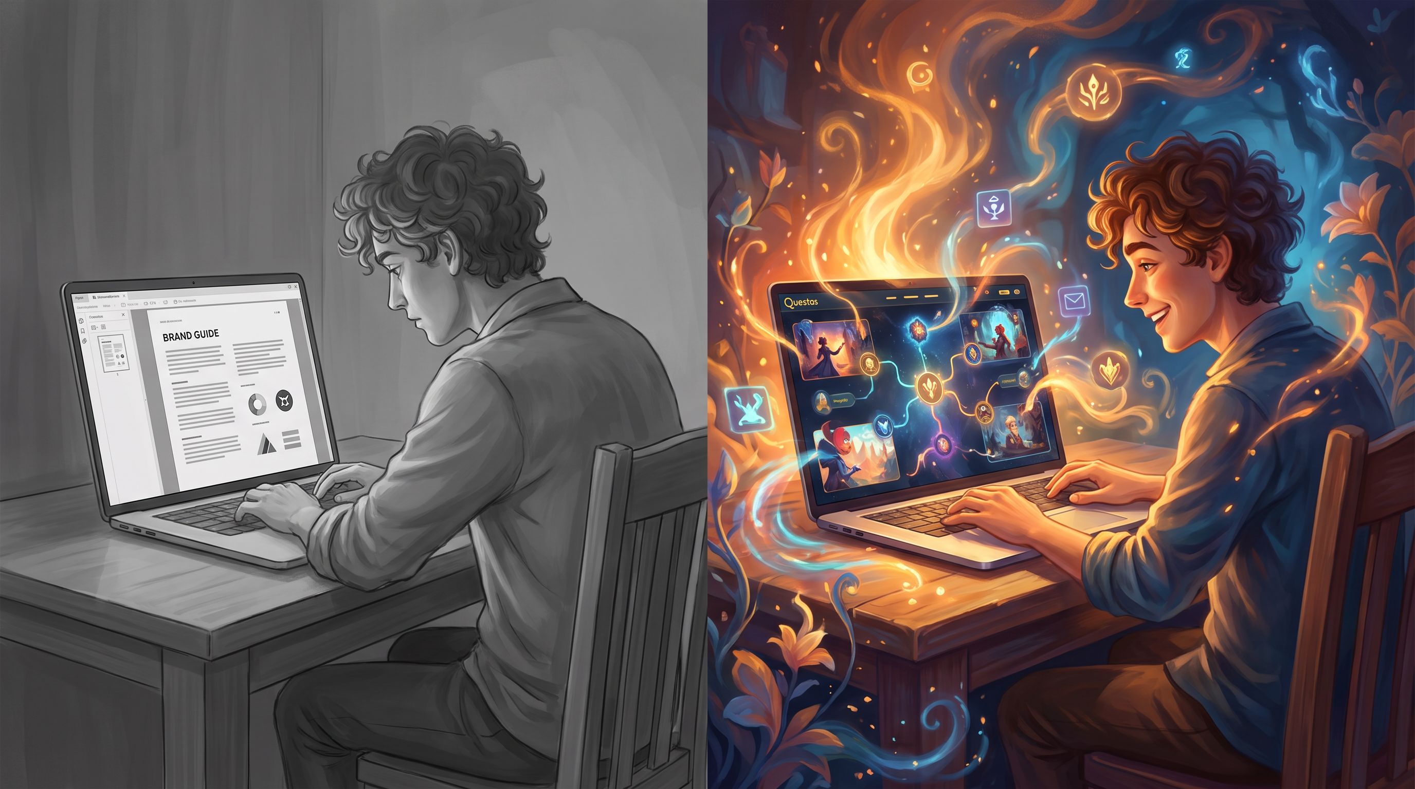 a split-screen illustration of a new hire at a laptop on the left, reading a static PDF brand guide