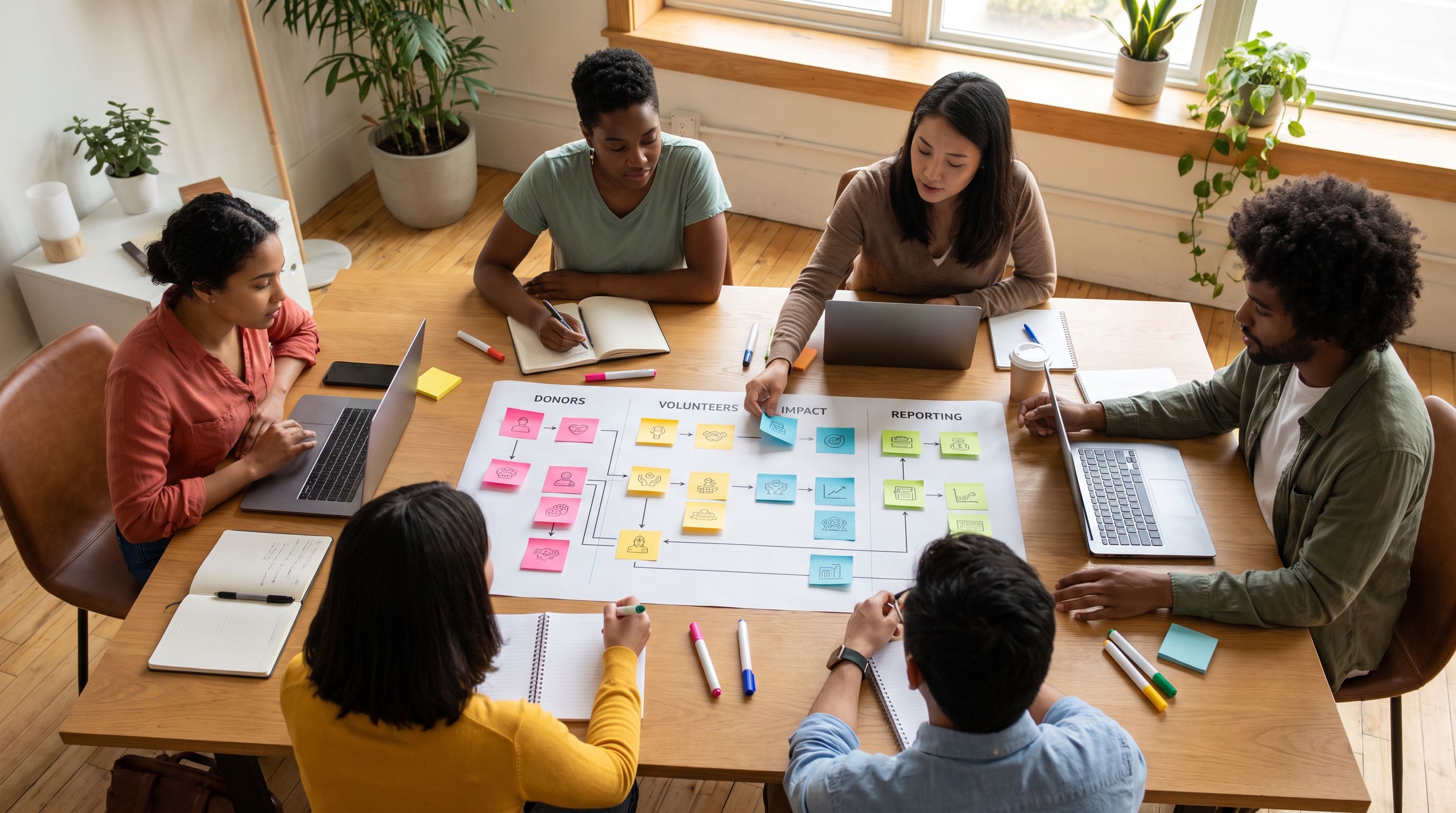 Overhead view of a nonprofit team gathered around a table with laptops and printed flowcharts, mappi