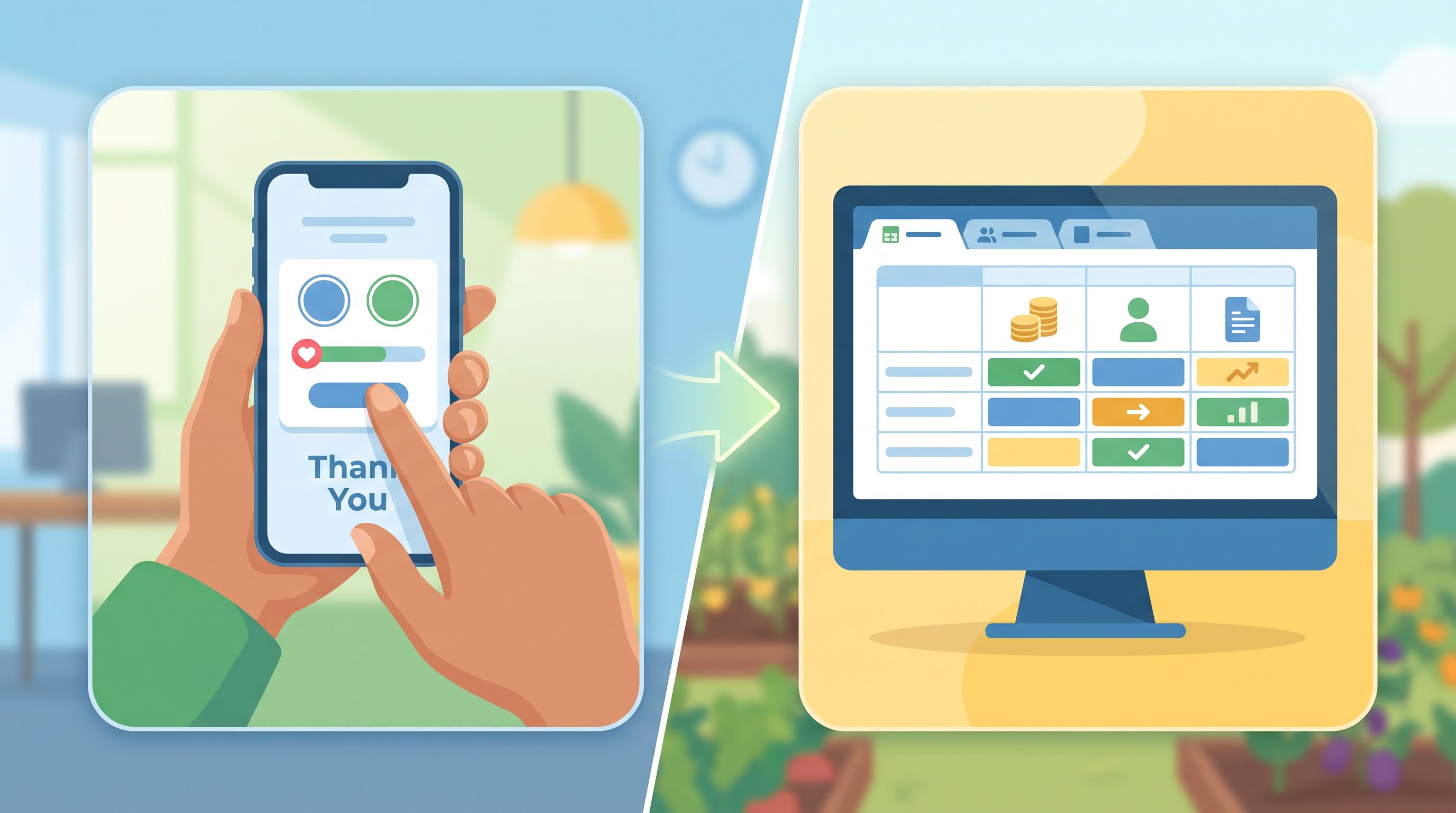 Split-screen illustration showing on the left a supporter tapping a simple, mobile-friendly donation