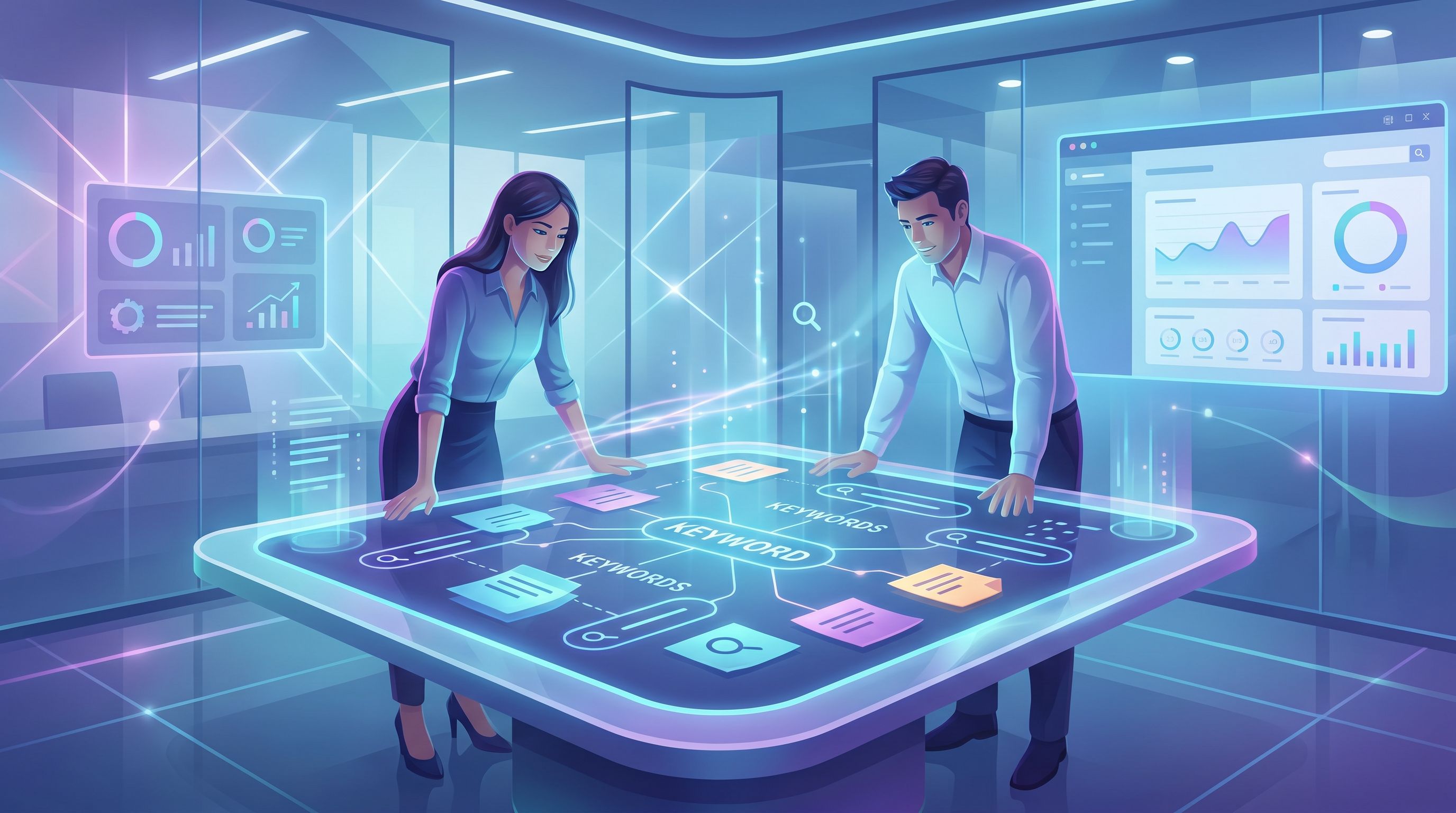 a marketing strategist and a data analyst standing around a large digital table displaying search qu