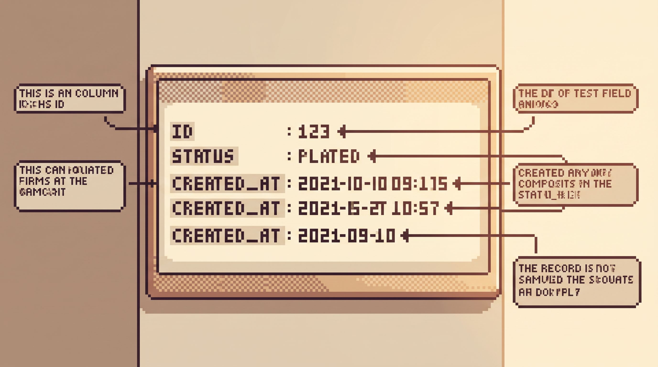 Close-up UI mock of a calm, minimalist database browser highlighting key columns like id, status, cr